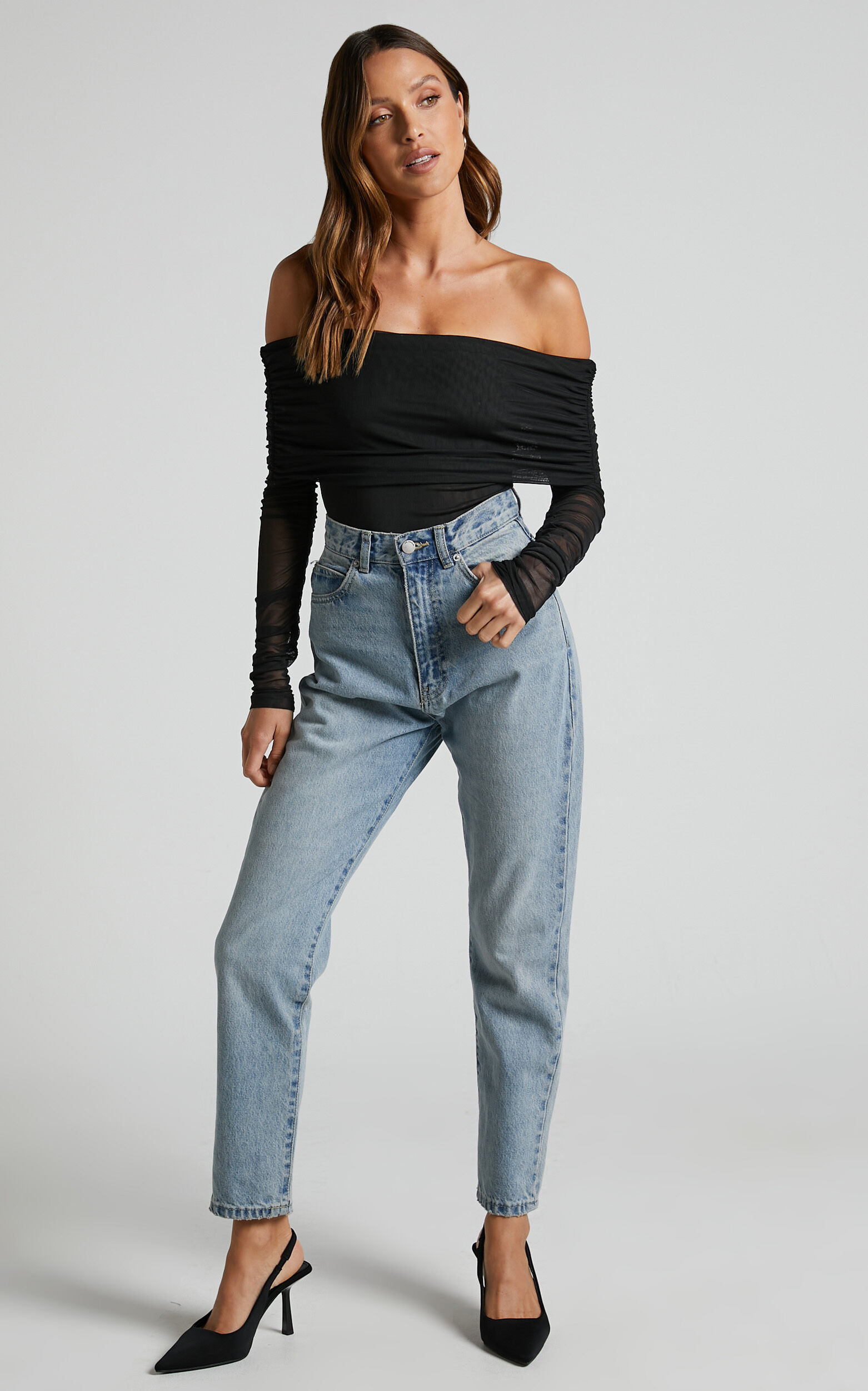 Jaythen Bodysuit - Long Sleeve Off Shoulder Ruched Mesh Bodysuit in Black