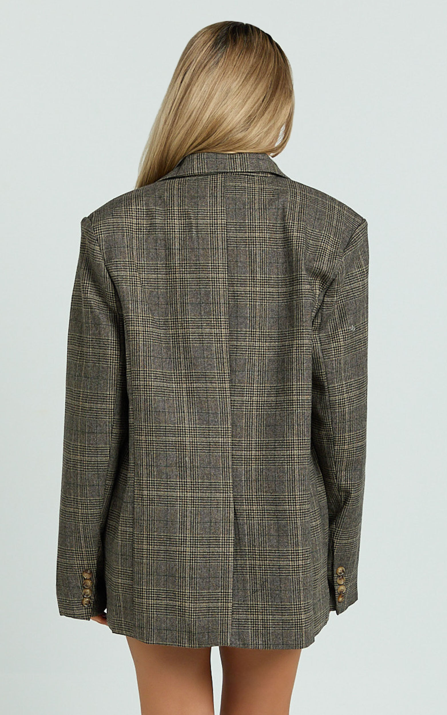 Vivi Blazer - Single Breasted Oversized Check Blazer in Dark Brown
