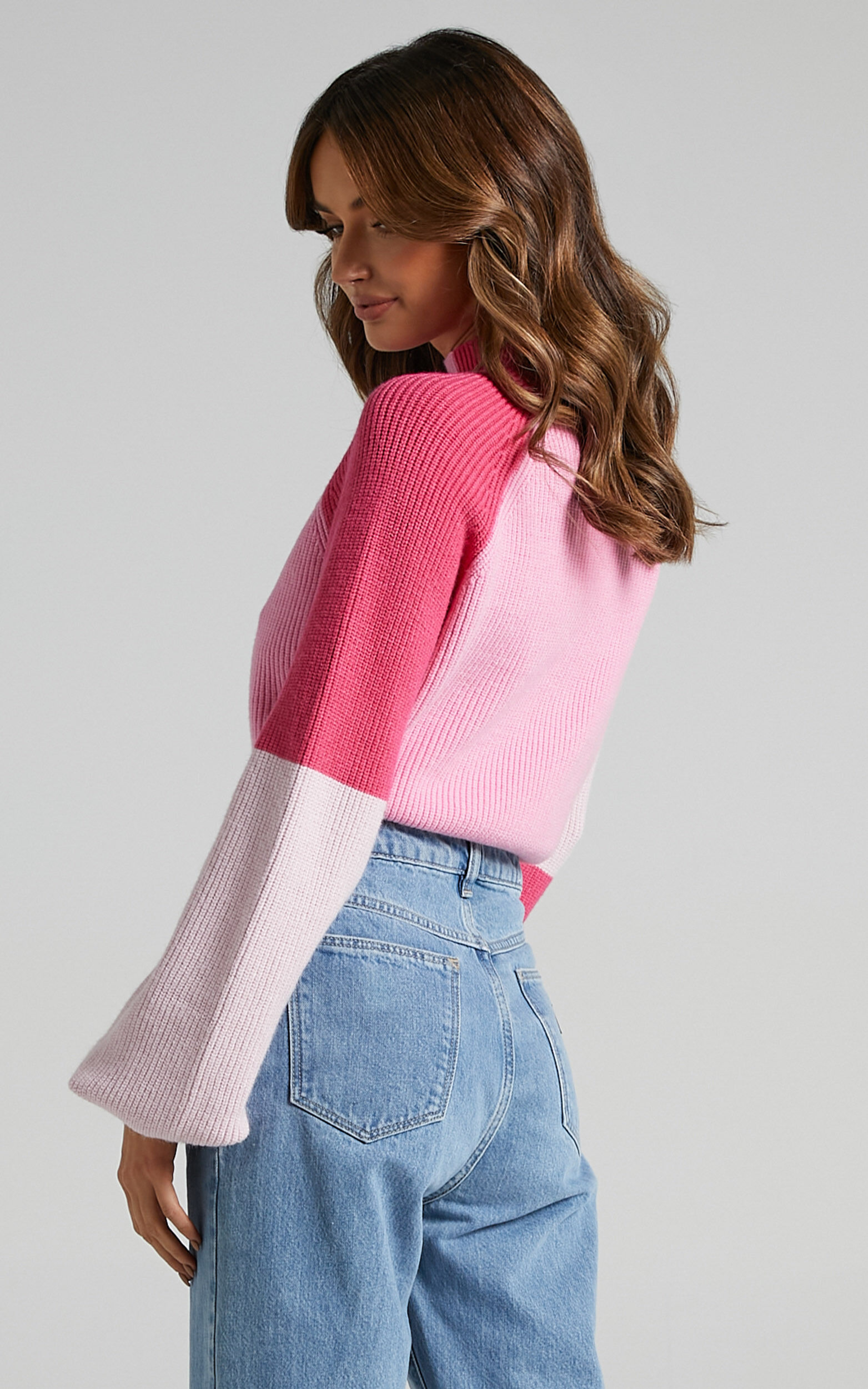Kensley Jumper - Colour Block Turtleneck Balloon Sleeve Knit Jumper in Pink