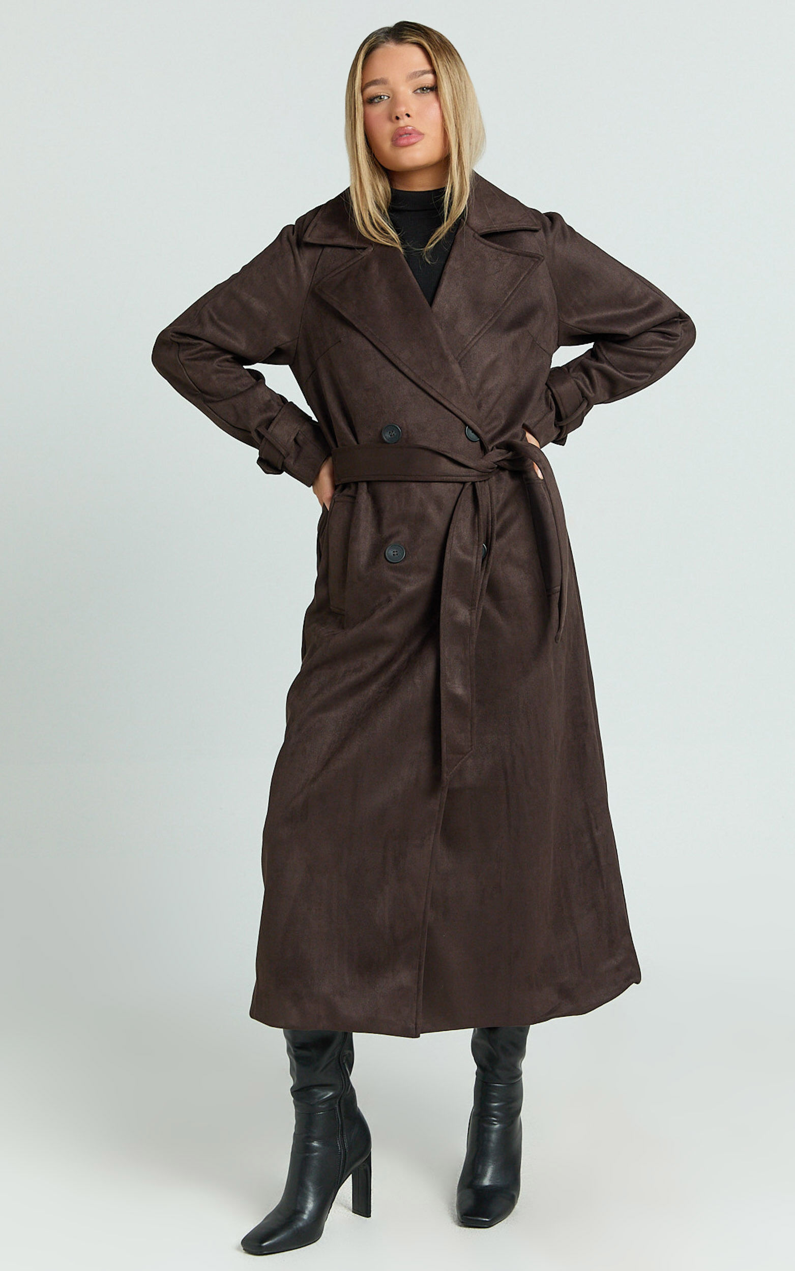 Sandara Coat - Longline Suede Trench Coat in Dark Chocolate