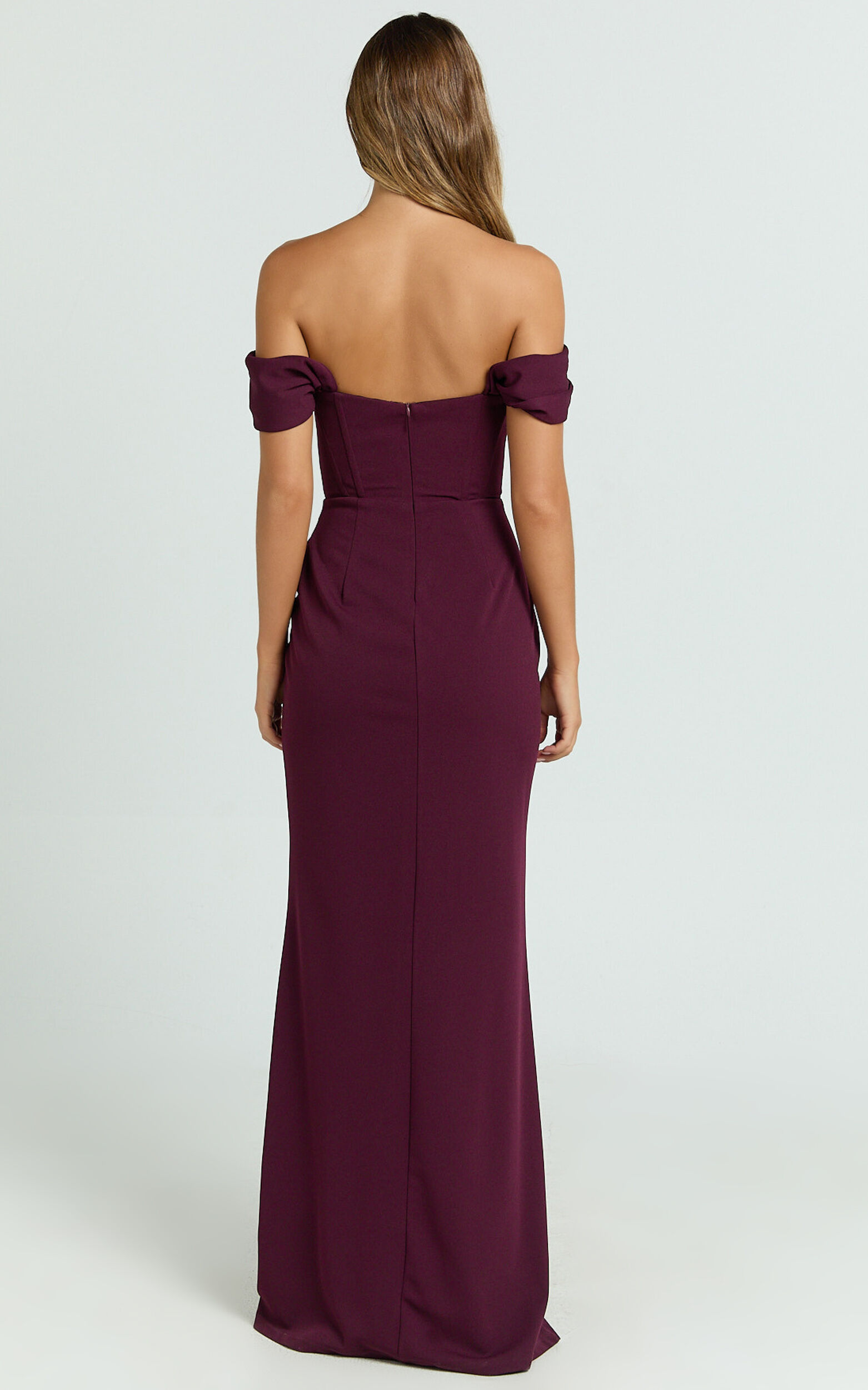 Marcel Maxi Dress - Off Shoulder Corset High Split Dress in Wine