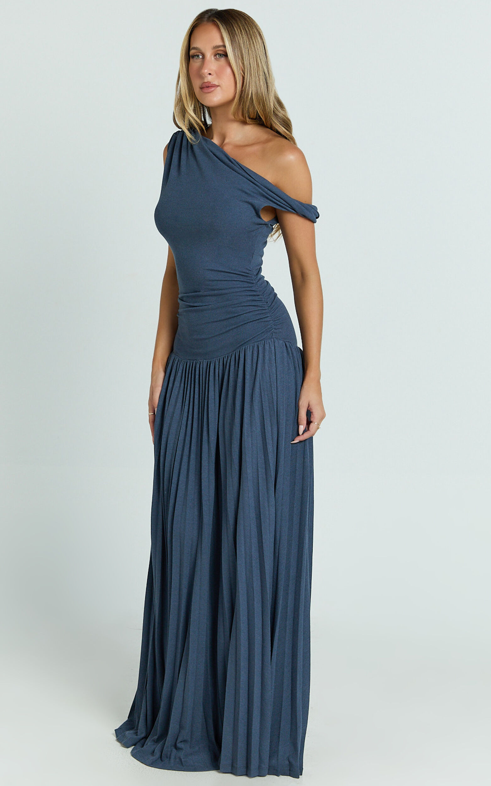 Yvonne Maxi Dress - Jersey Tip Shoulder Ruched Dress in Navy