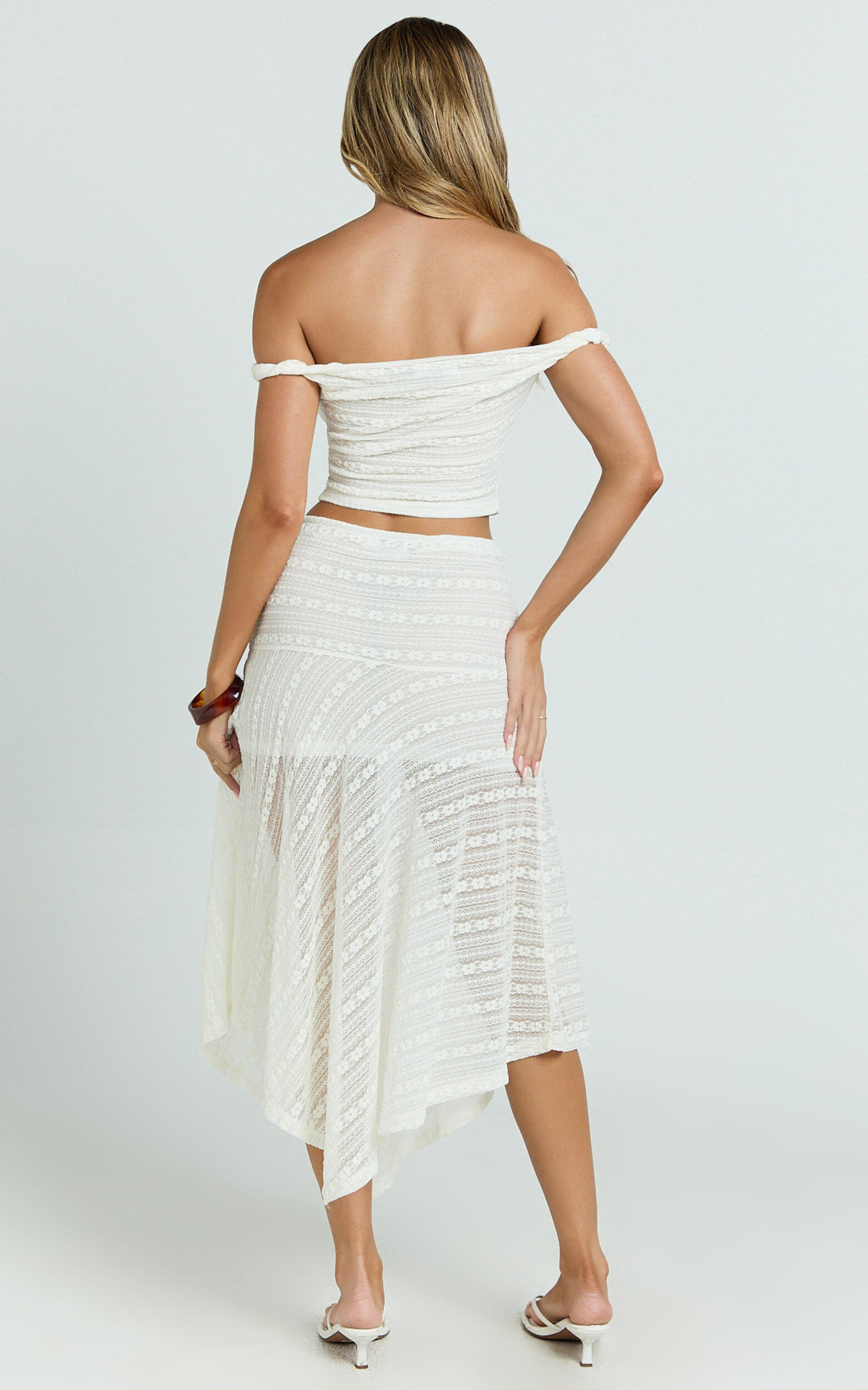 Hayden Midi Skirt - Low Waisted Asymmetrical Lace Midi Skirt in White