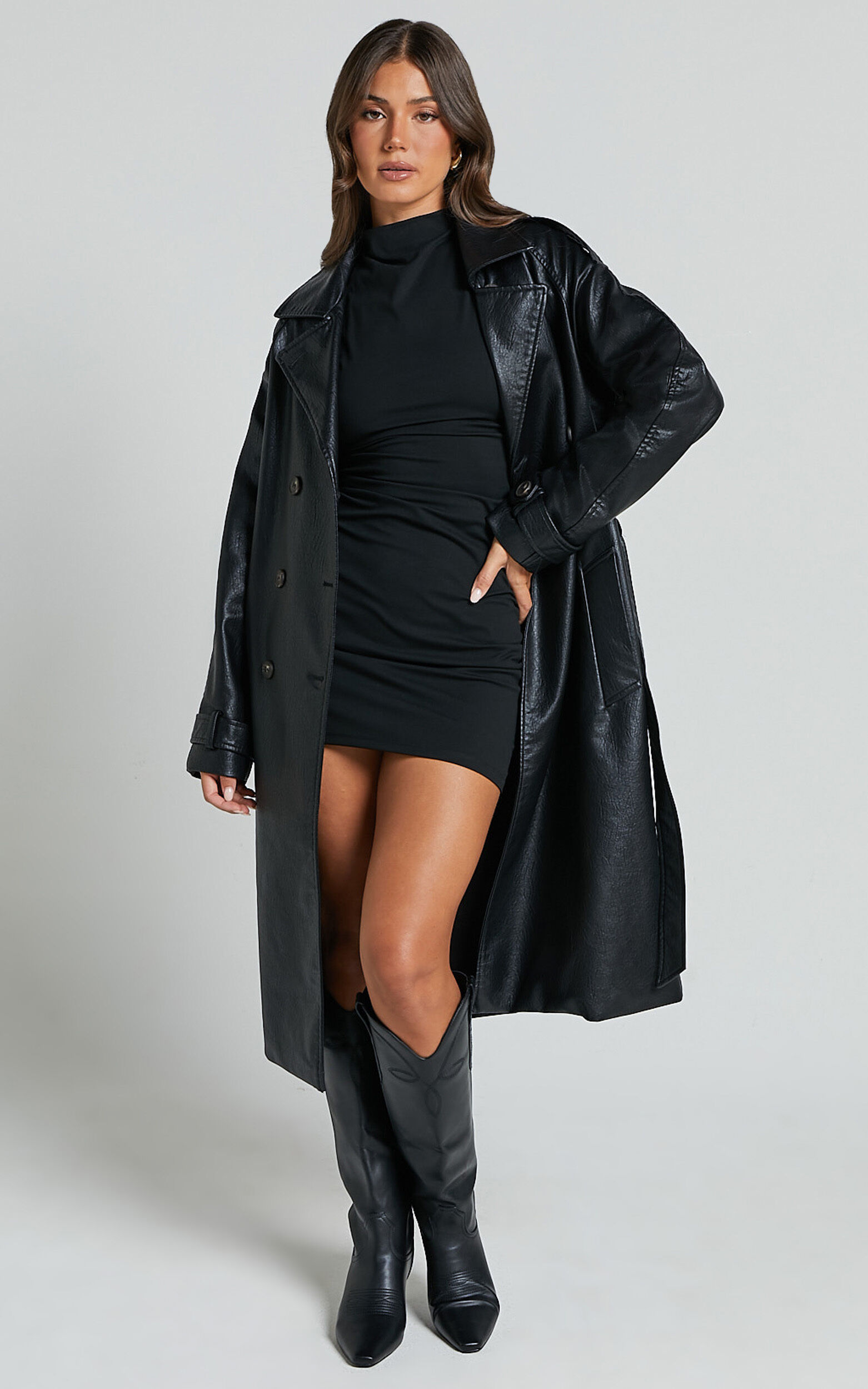 Vicki Trench Coat - Faux Leather Washed Trench Coat in Black