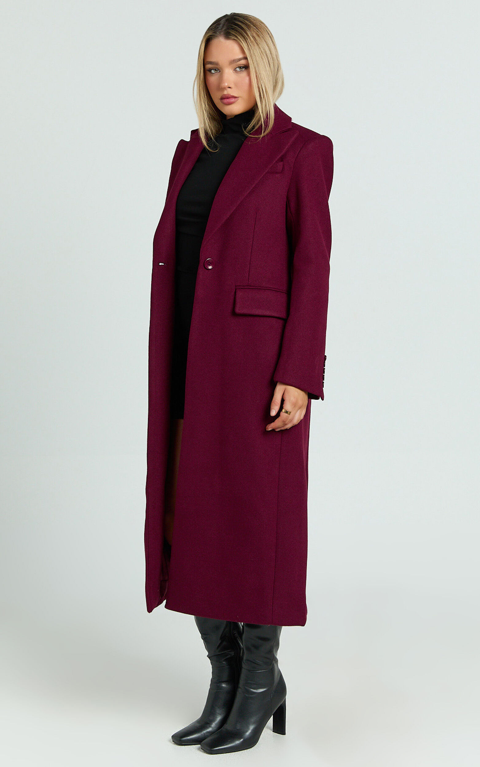 Michaela Coat - Oversized Lapel Single Button Coat in Wine