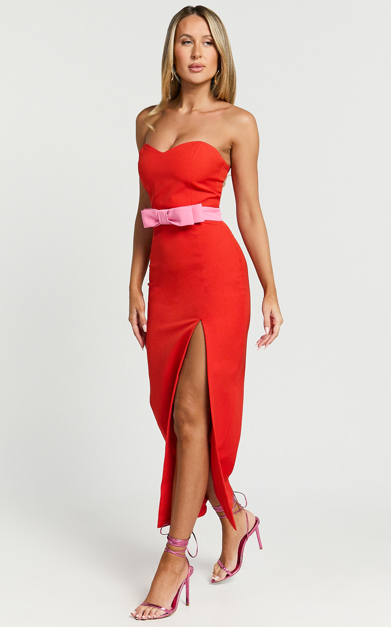 Veronica Midi Dress - Sweetheart Strapless Bow Detail High Split Dress in Red