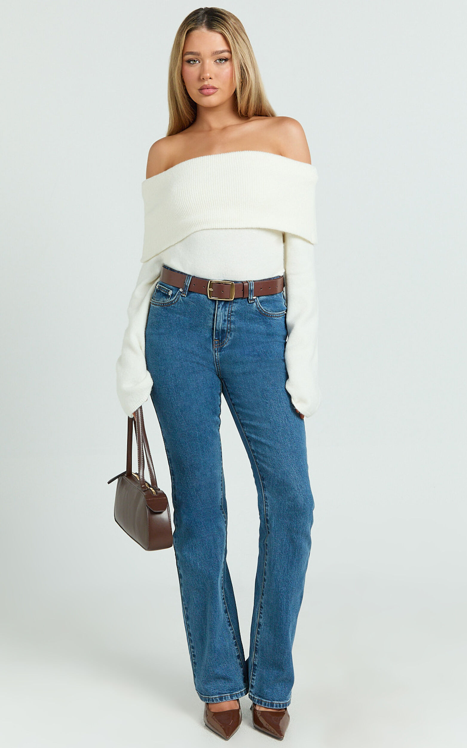 Inez Jeans - Mid Rise Slim Straight Bootcut Jeans in Dark Blue Wash