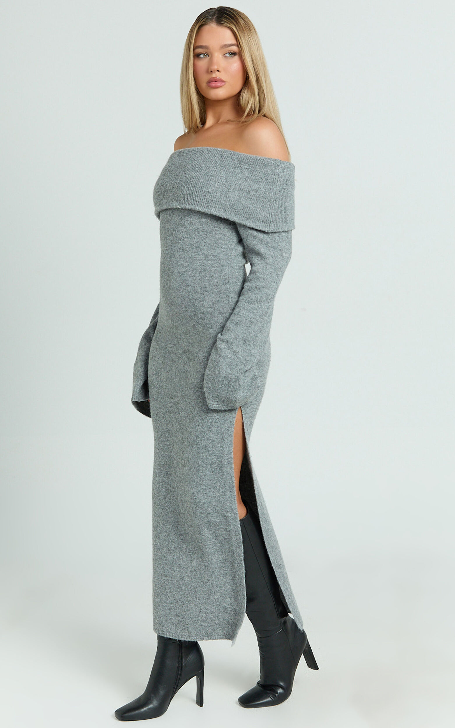 Darcie Midi Dress - Off Shoulder Knitted Long Sleeve Dress in Grey Marle