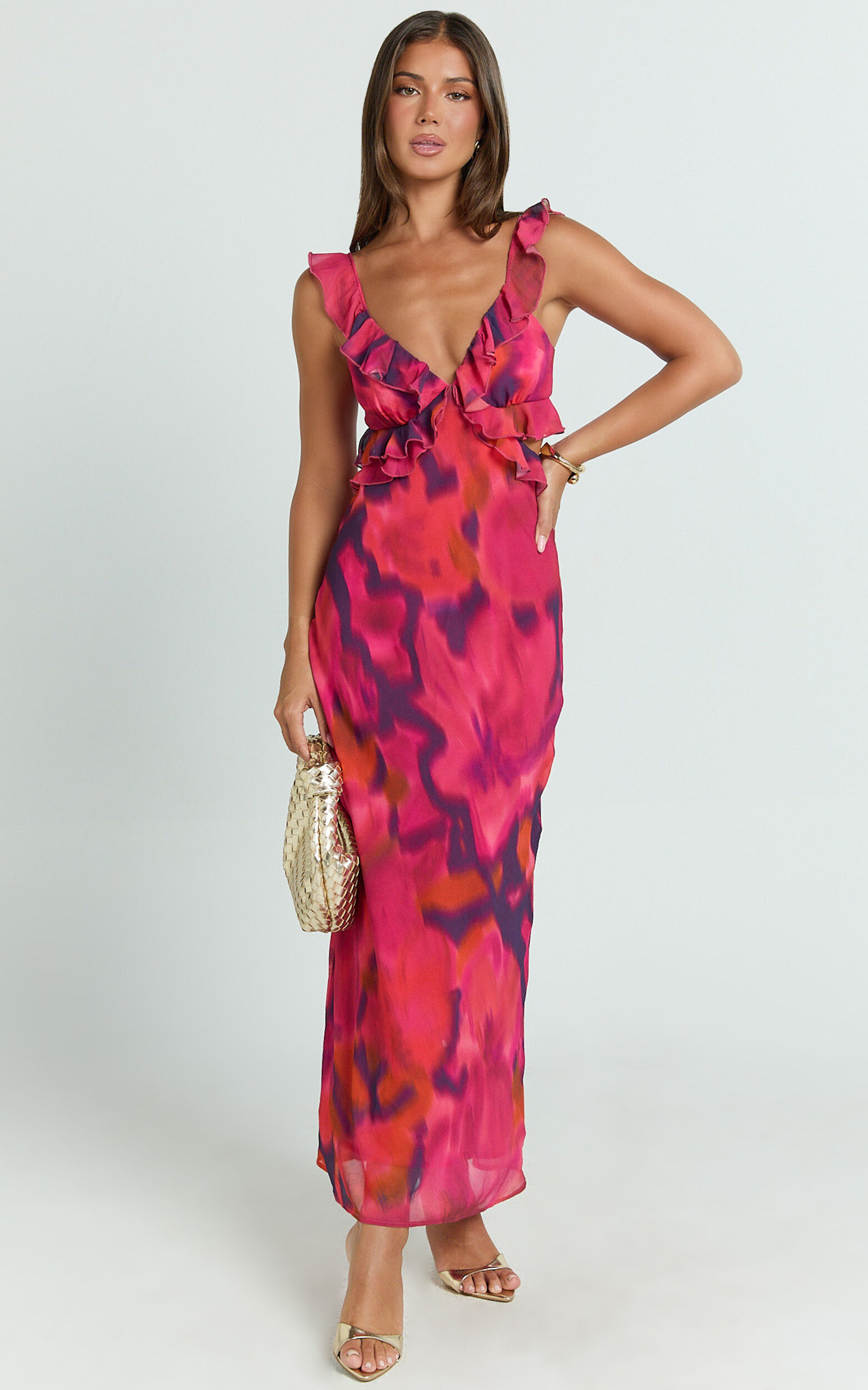Alessa Maxi Dress - V Neck Frill Detail Empire Waist Back Cut Out Dress in Adeana Print