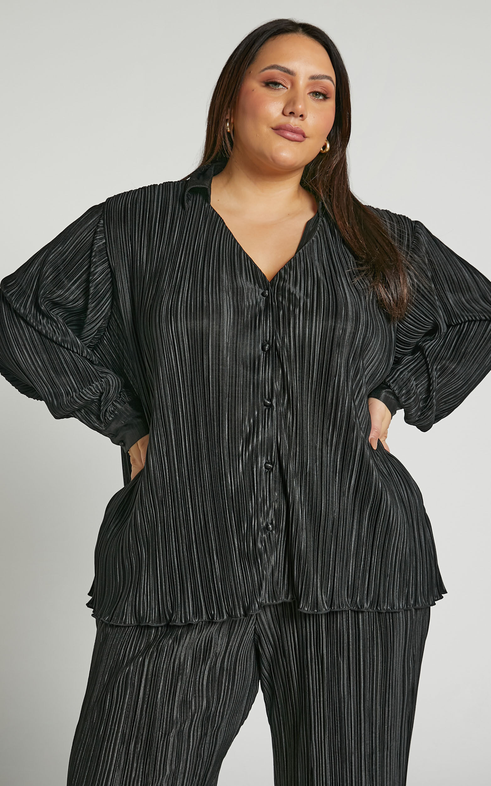 Beca Shirt - Plisse Button Up Shirt in Black