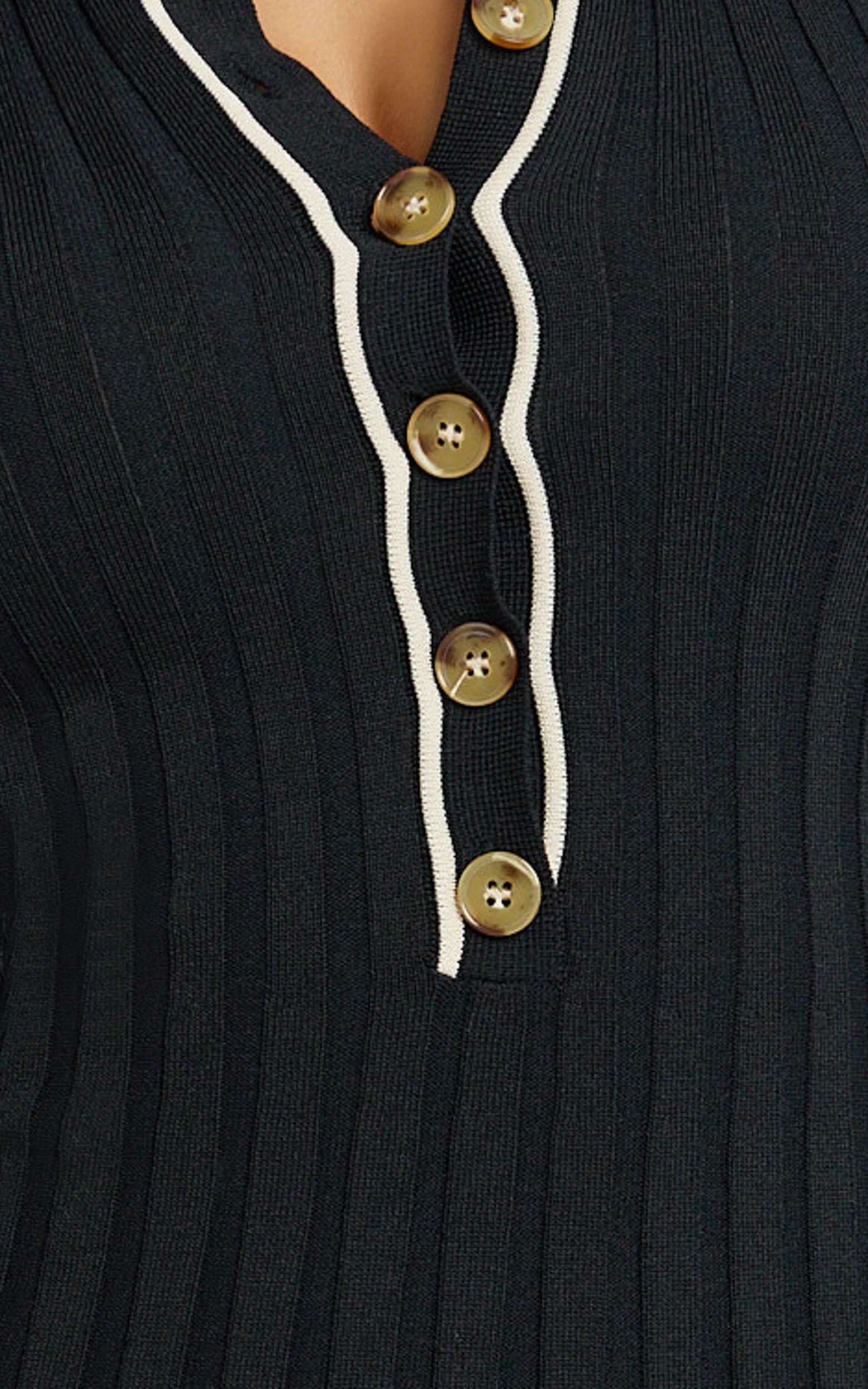 Lada Mini Dress - Short Sleeve Button Front Knit Dress in Black