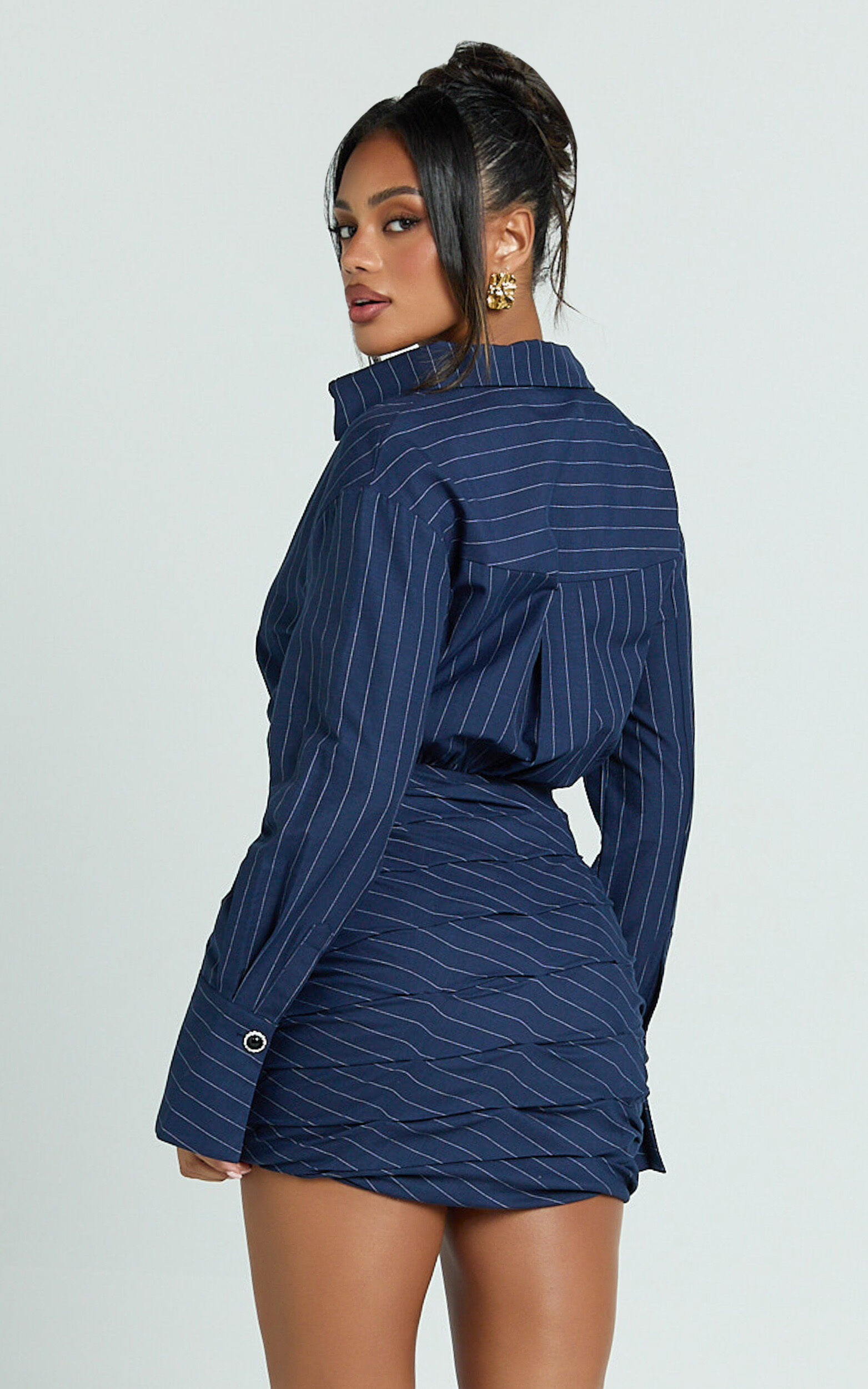 Elliot Mini Dress - Long Sleeve Pinstripe Shirt Dress in Navy Stripe