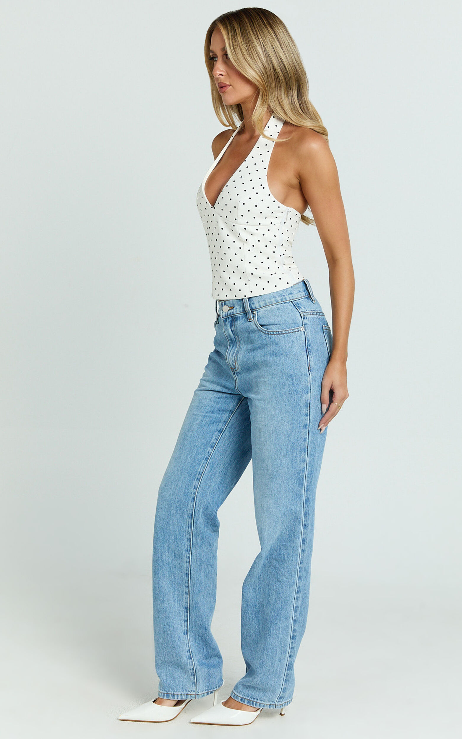 Amani Top - Recycled Halter Plunge Neck Polkadot Top in White