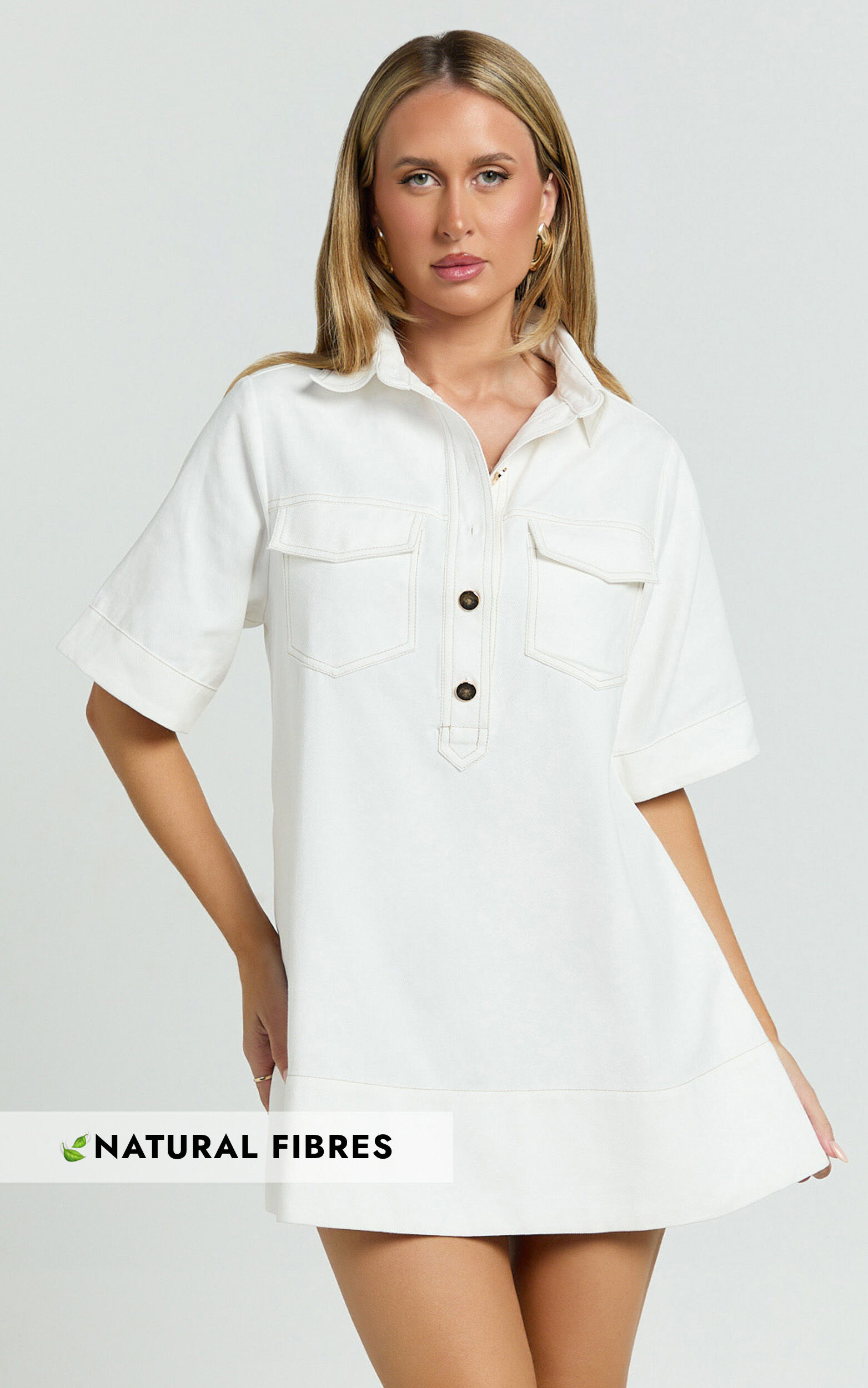 Lynda Mini Dress - Short Sleeve Collared Patch Pocket Shift Dress in Off White
