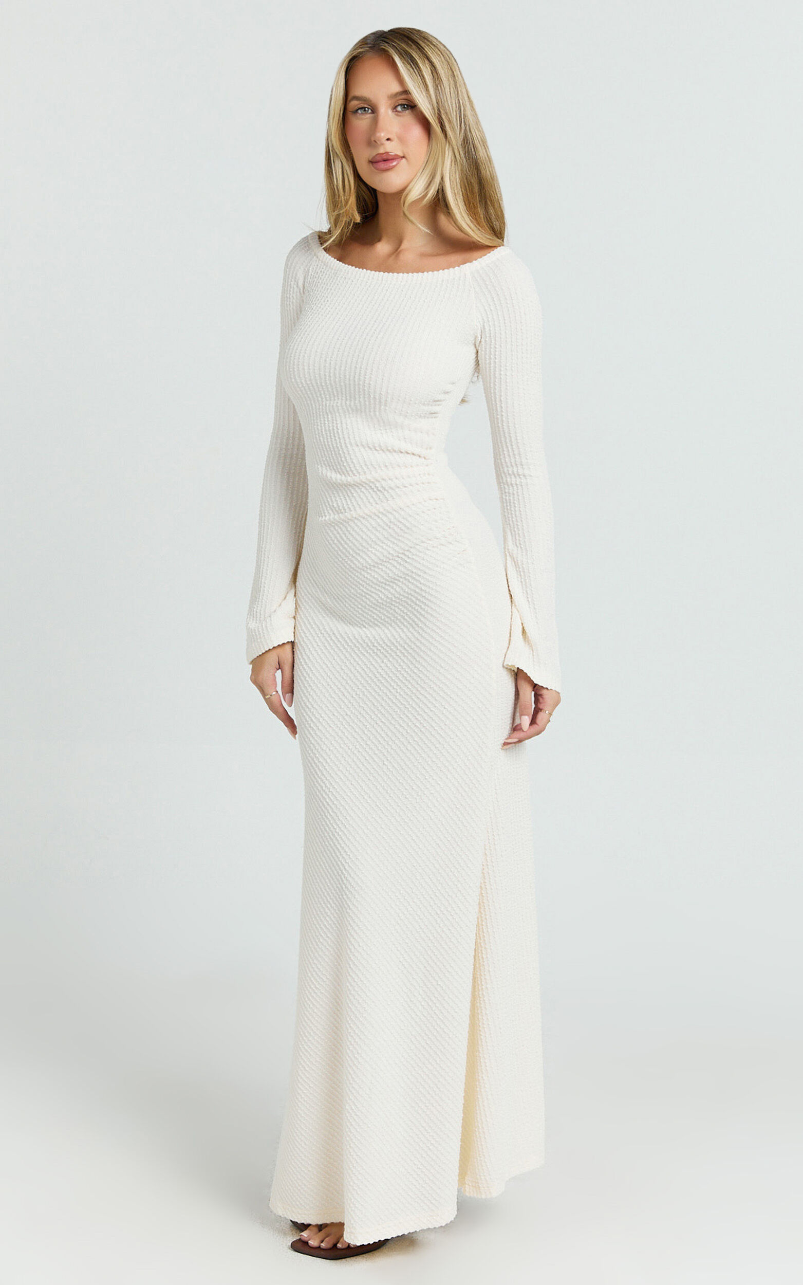 Ayla Maxi Dress - Off Shoulder Flared Sleeve Bodycon Dress in Off White