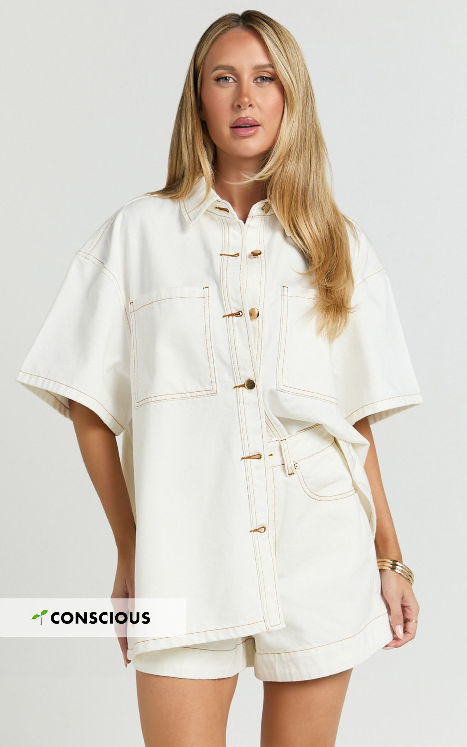 Rhianna Top - Oversized Recycled Denim Short Sleeve Shirt in Ecru with Contrast Tobacco Stitch