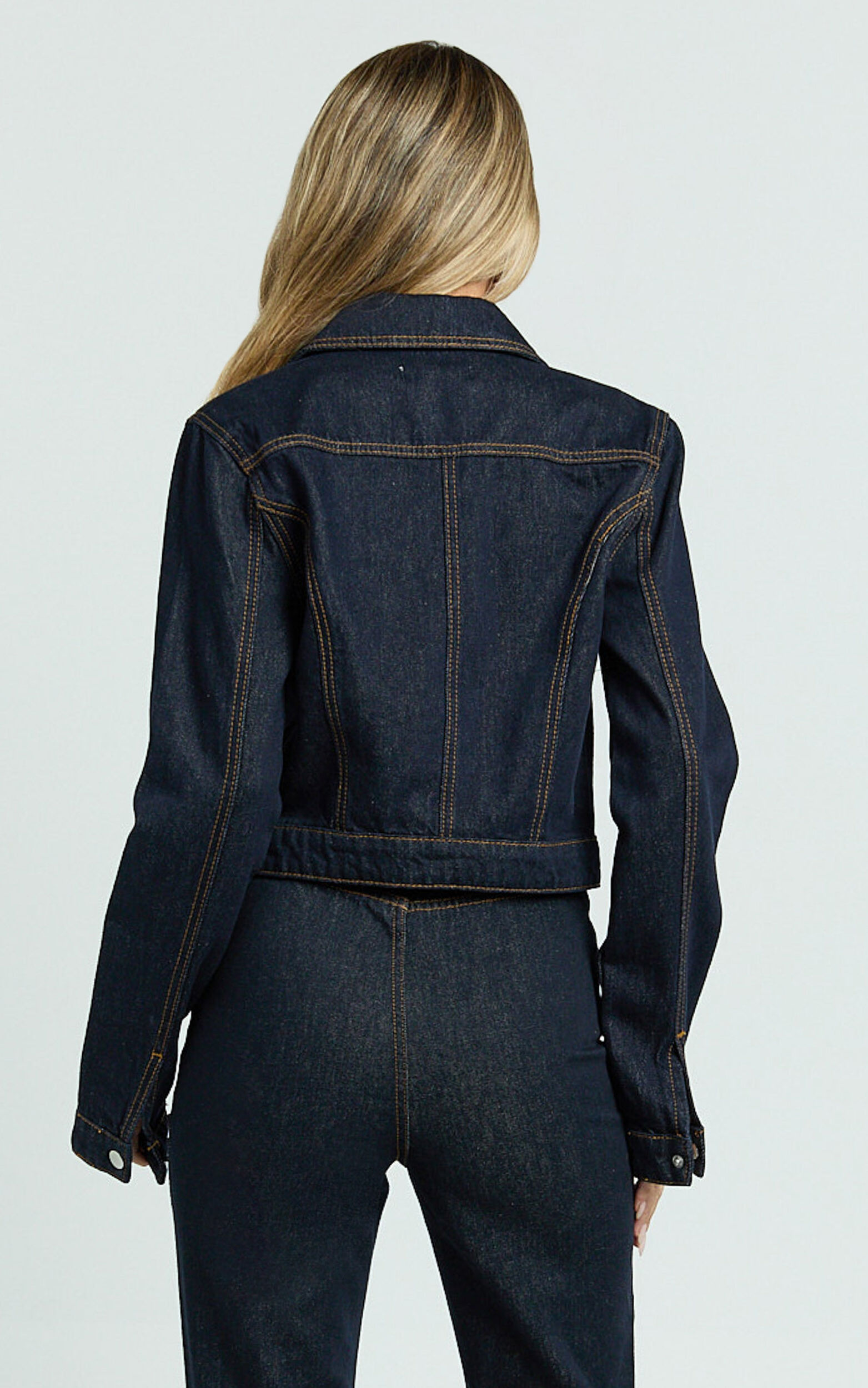 Celia Jacket - Collared Zip Front Crop Fitted Jacket in Dark Blue Wash