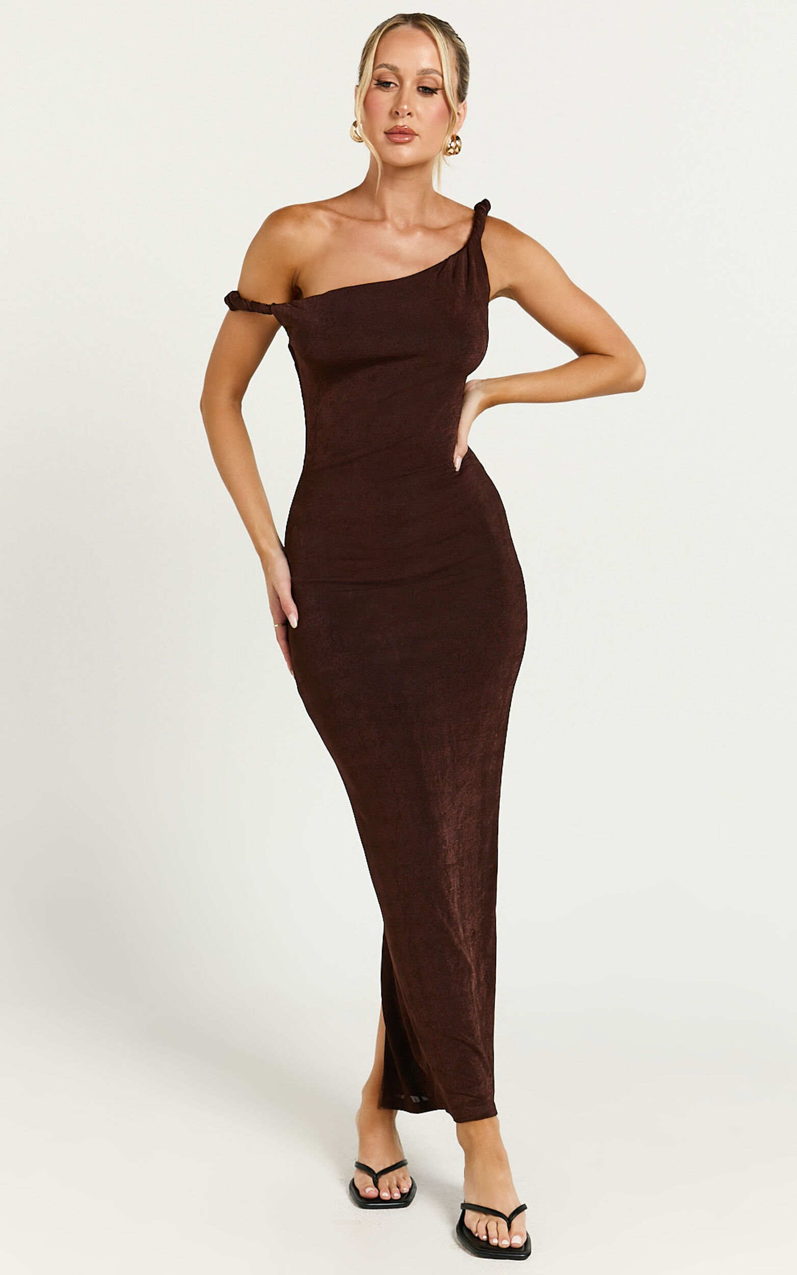 Isabel Midi Dress - Twist Off Shoulder Bodycon Dress in Chocolate