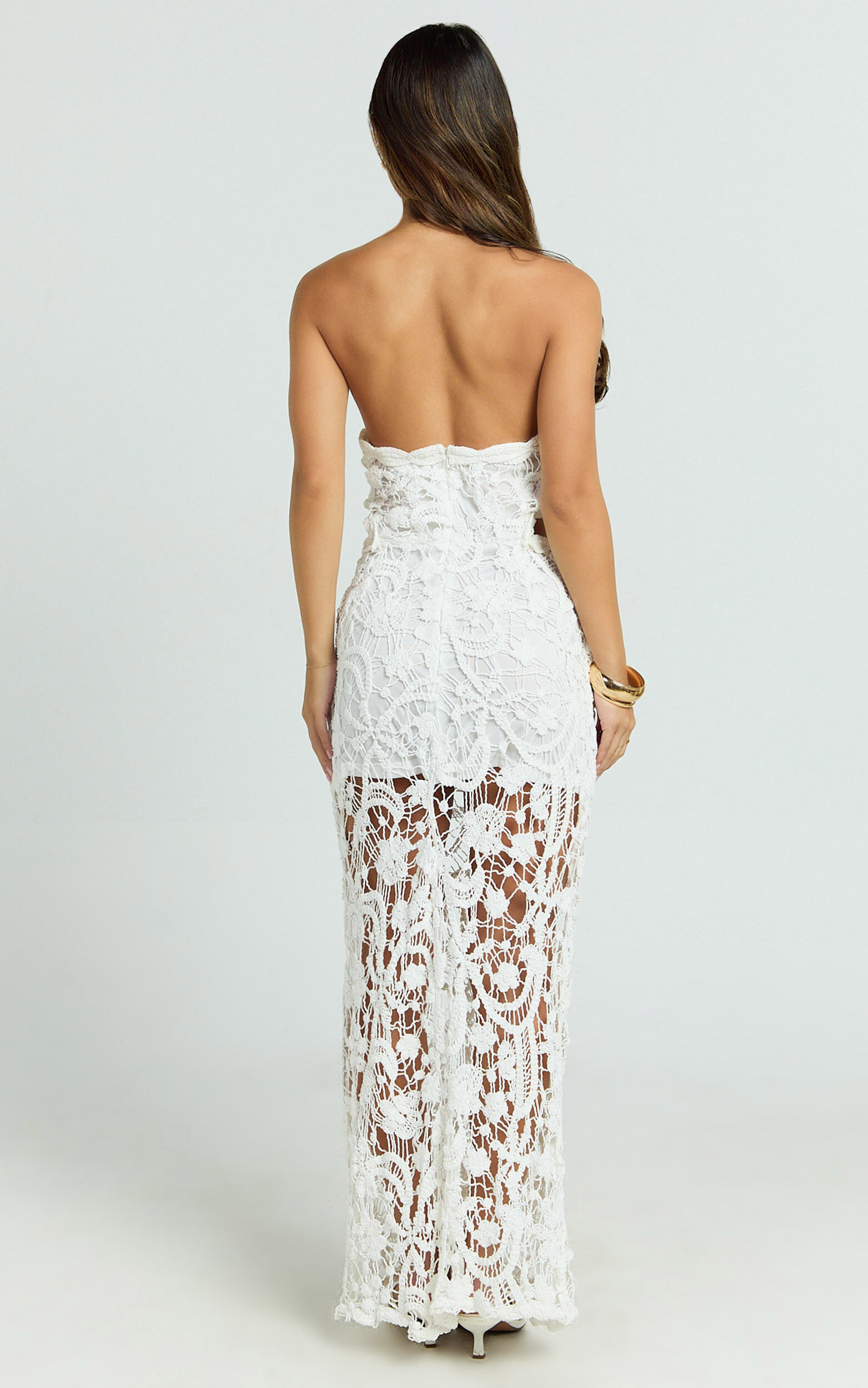 Heather Maxi Dress - Square Neck Strappy Fitted Crochet Column Dress in White