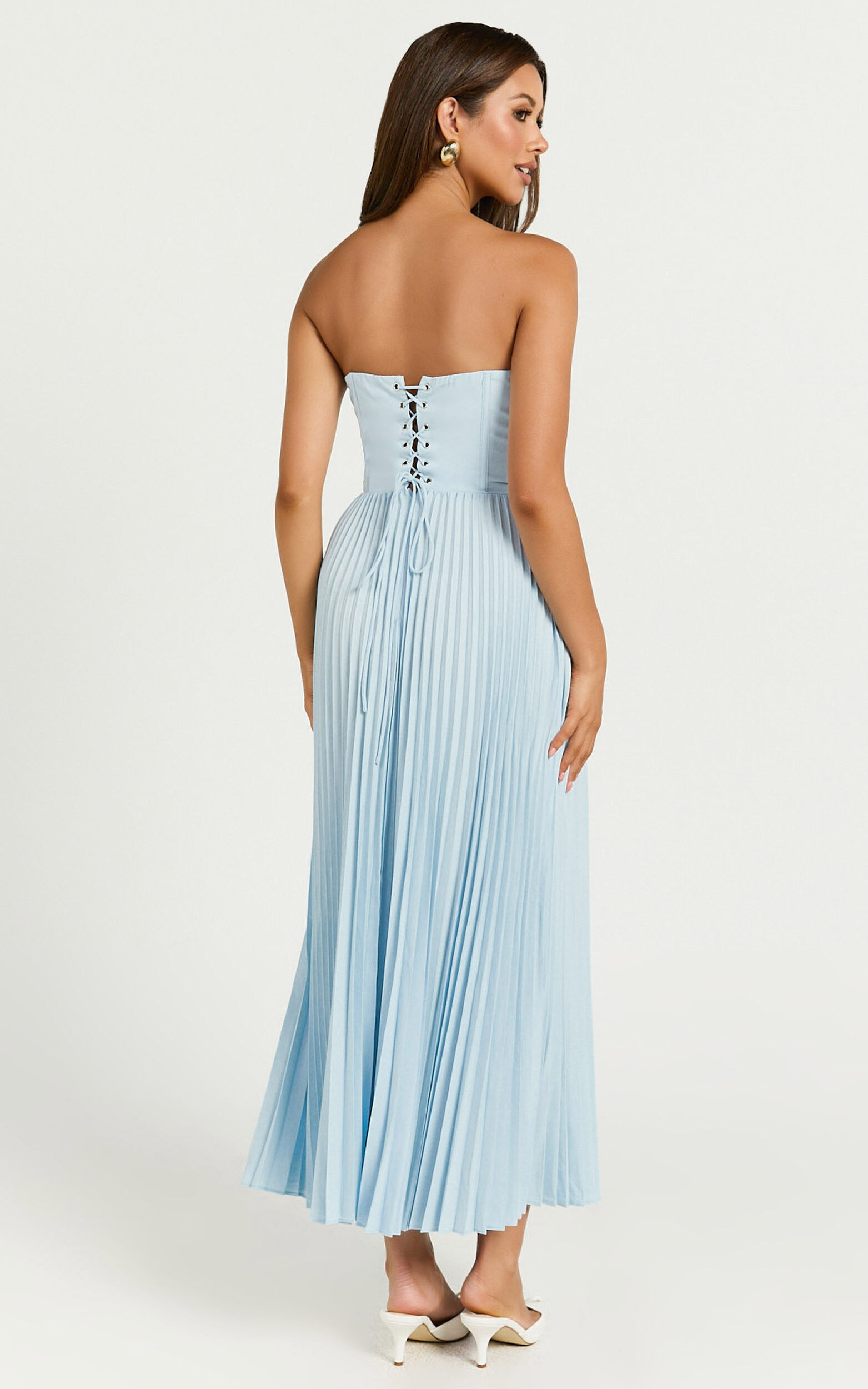 Loretta Midi Dress - Lace Up Back Bustier Pleated Dress in Light Blue