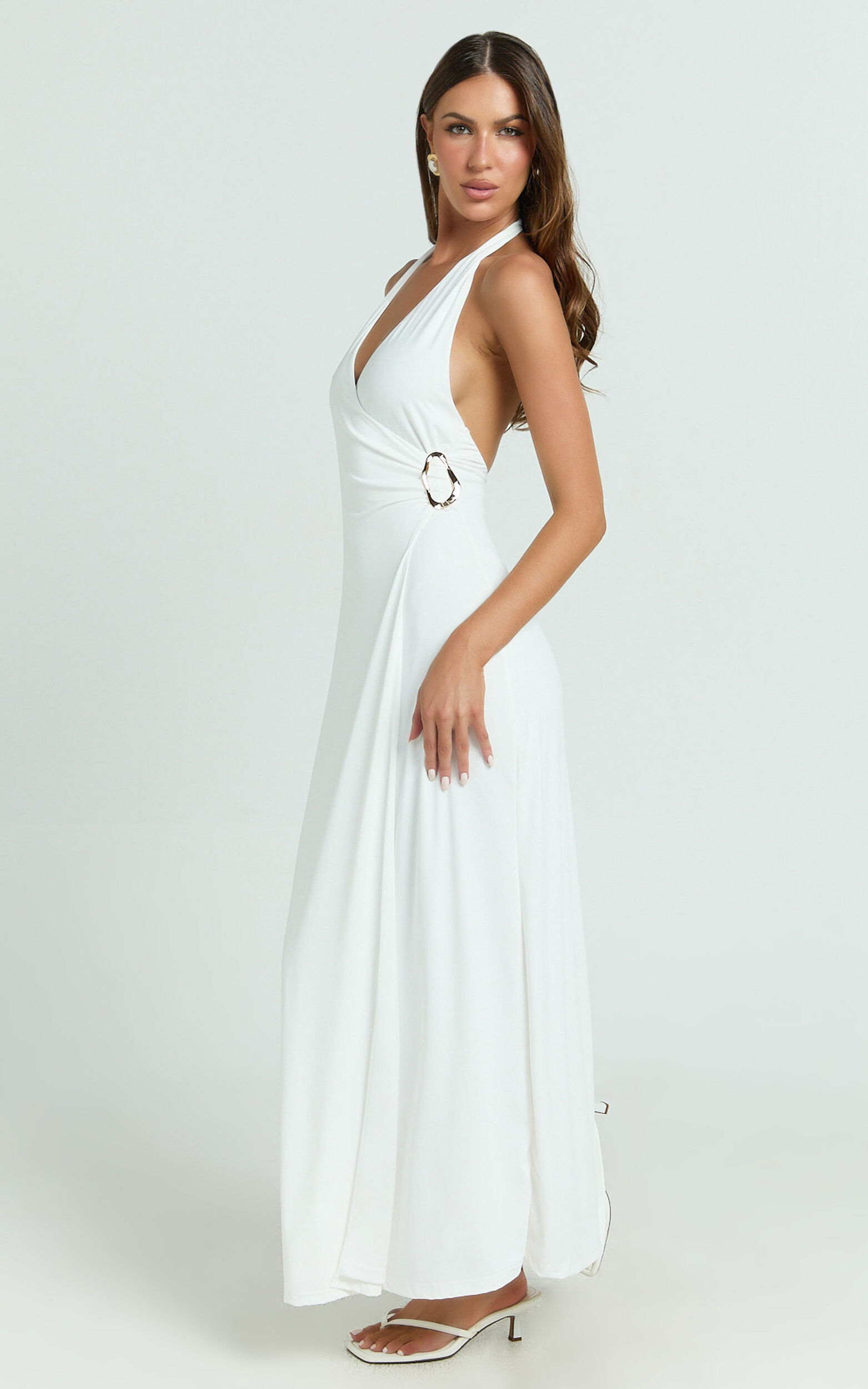 Roseville Maxi Dress - Wrap Front Halter Dress with Hardware Detail in White