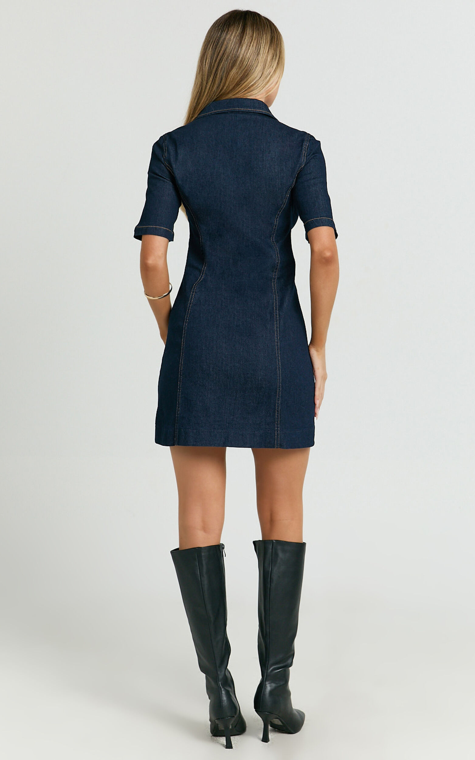 Tessie Mini Dress - Zip Front Collared Denim Mini Dress in Rinse Blue