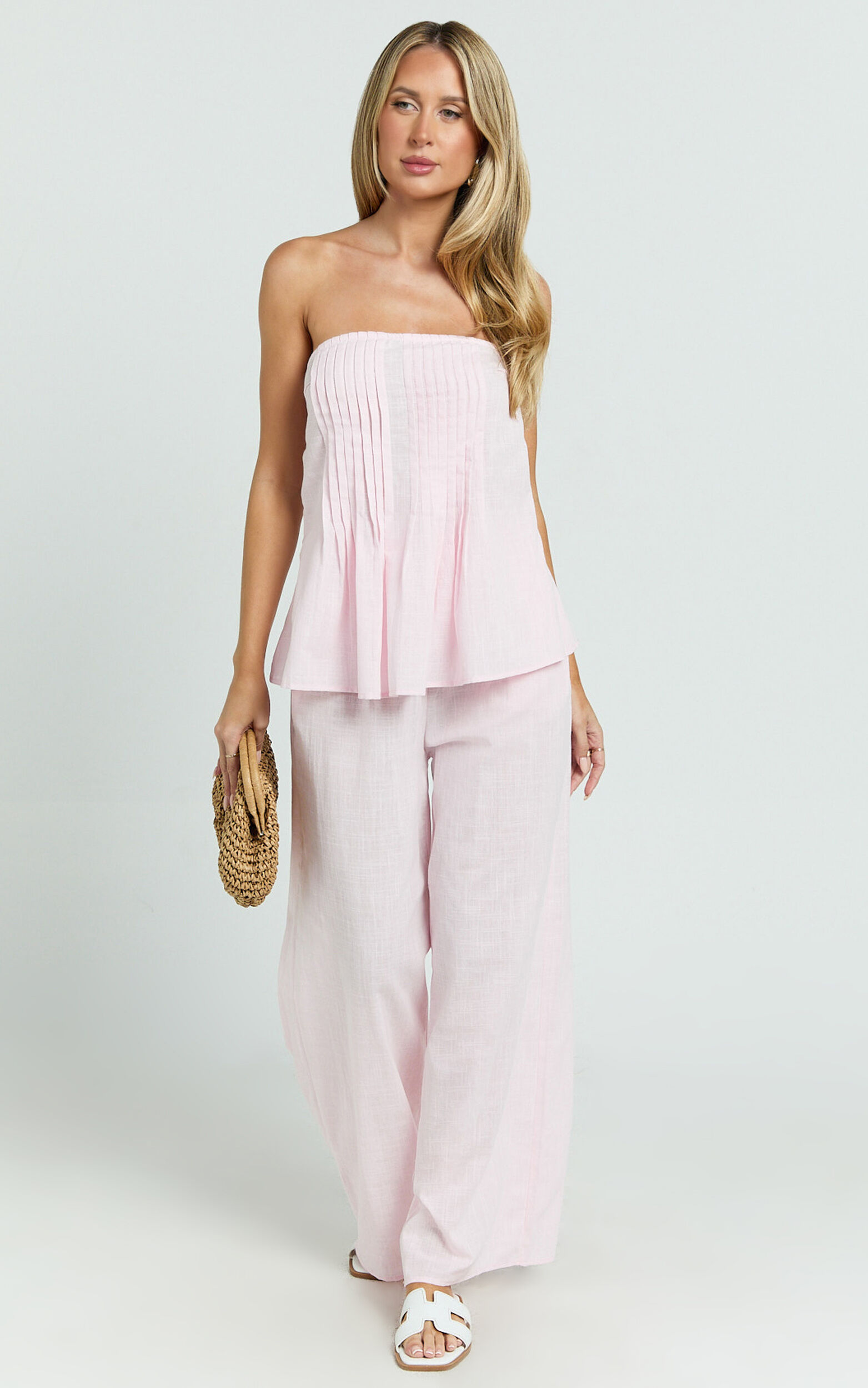 Carli Two Piece Top and Pants Set - Cotton Tube Pant Set in Pink
