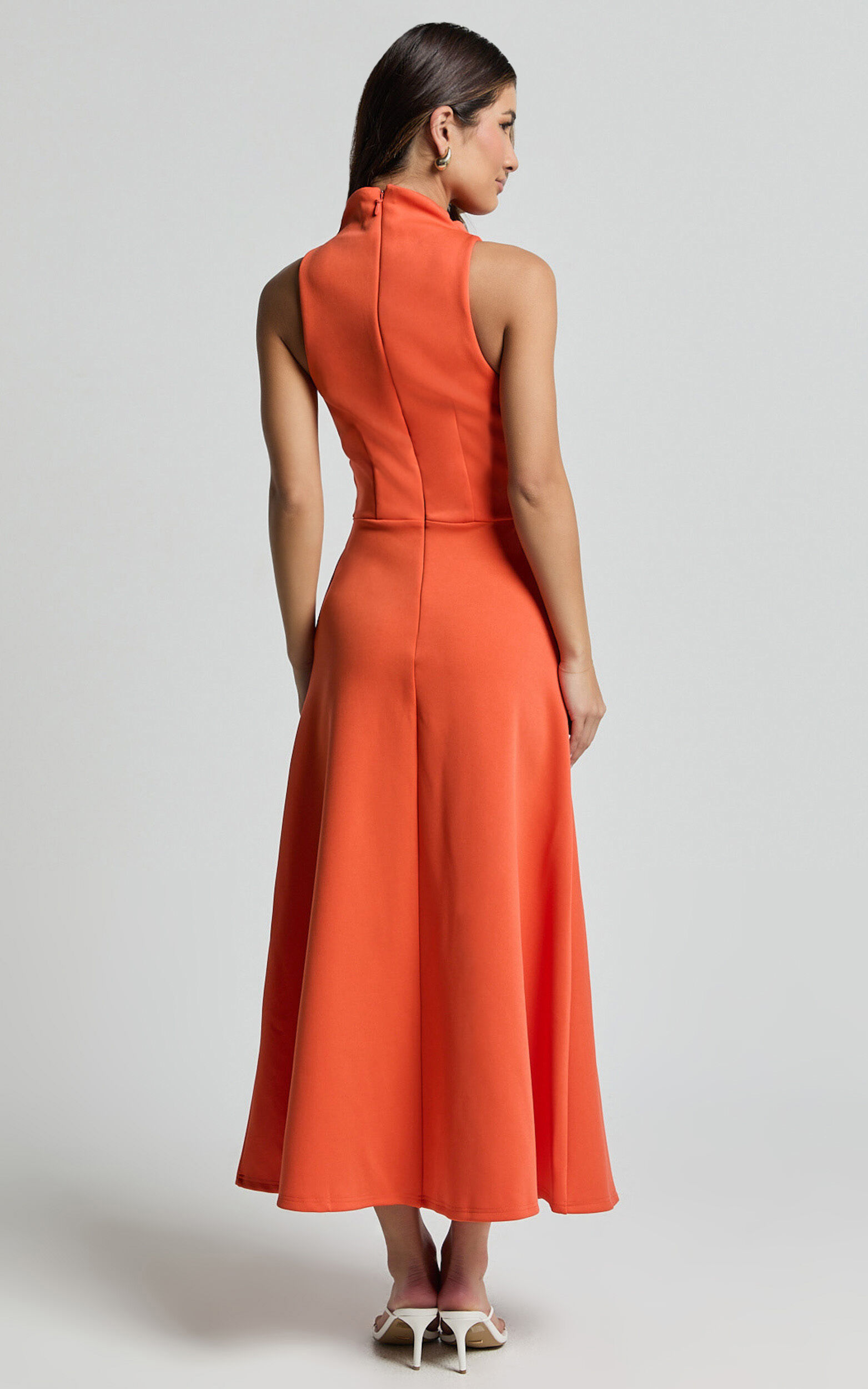 Macy Midi Dress - High Neck A Line Dress in Orange