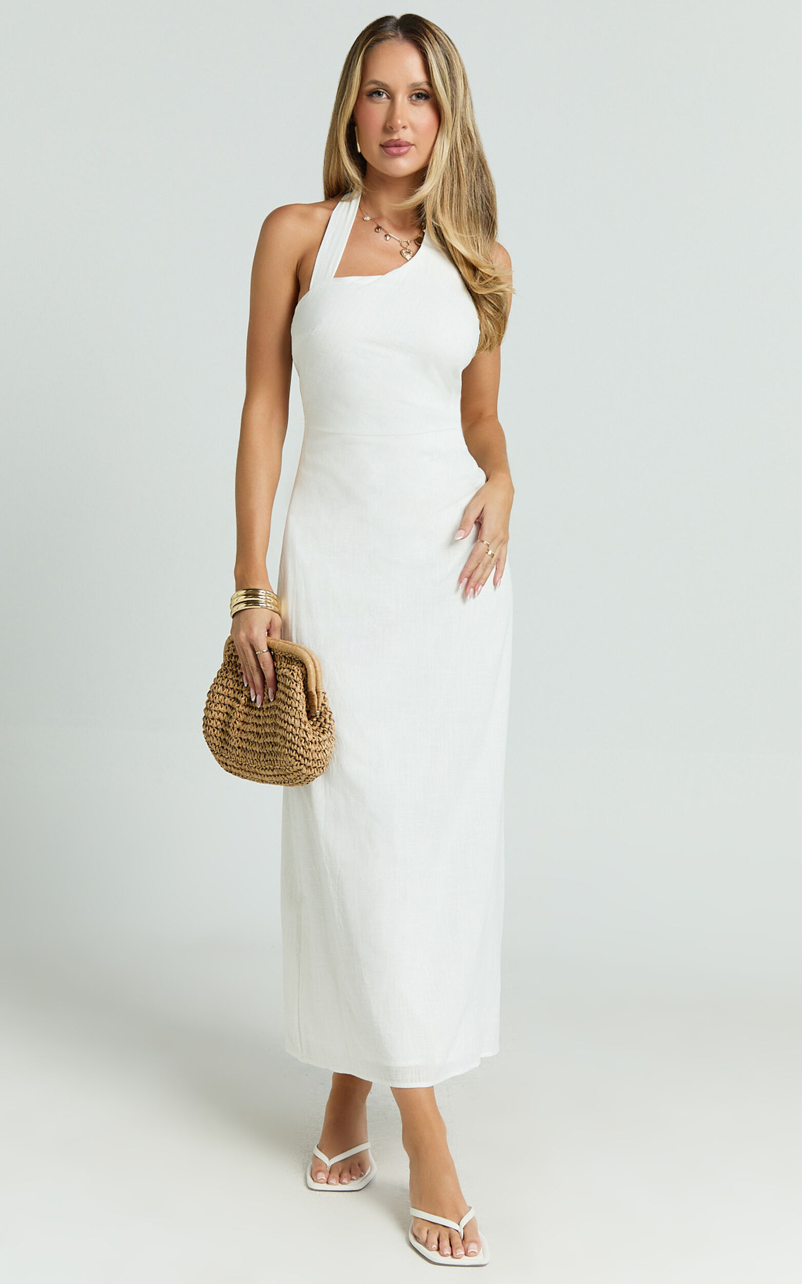 Lindley Midi Dress - Halter Neck Linen Look Dress in White