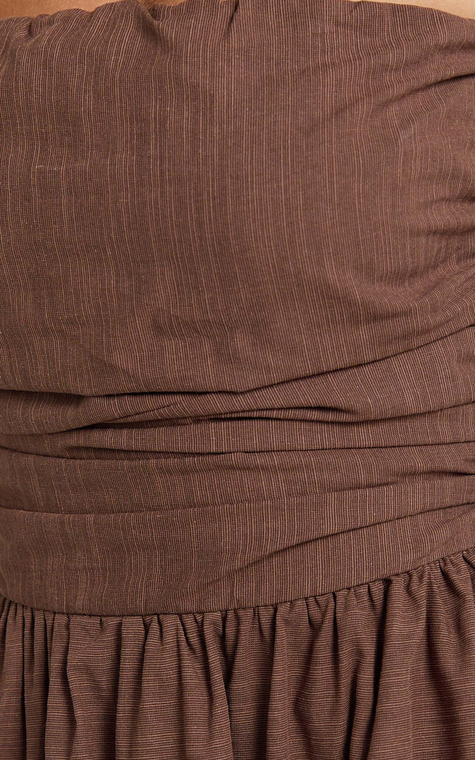 Polly Midi Dress - Strapless Ruched Dress in Chocolate