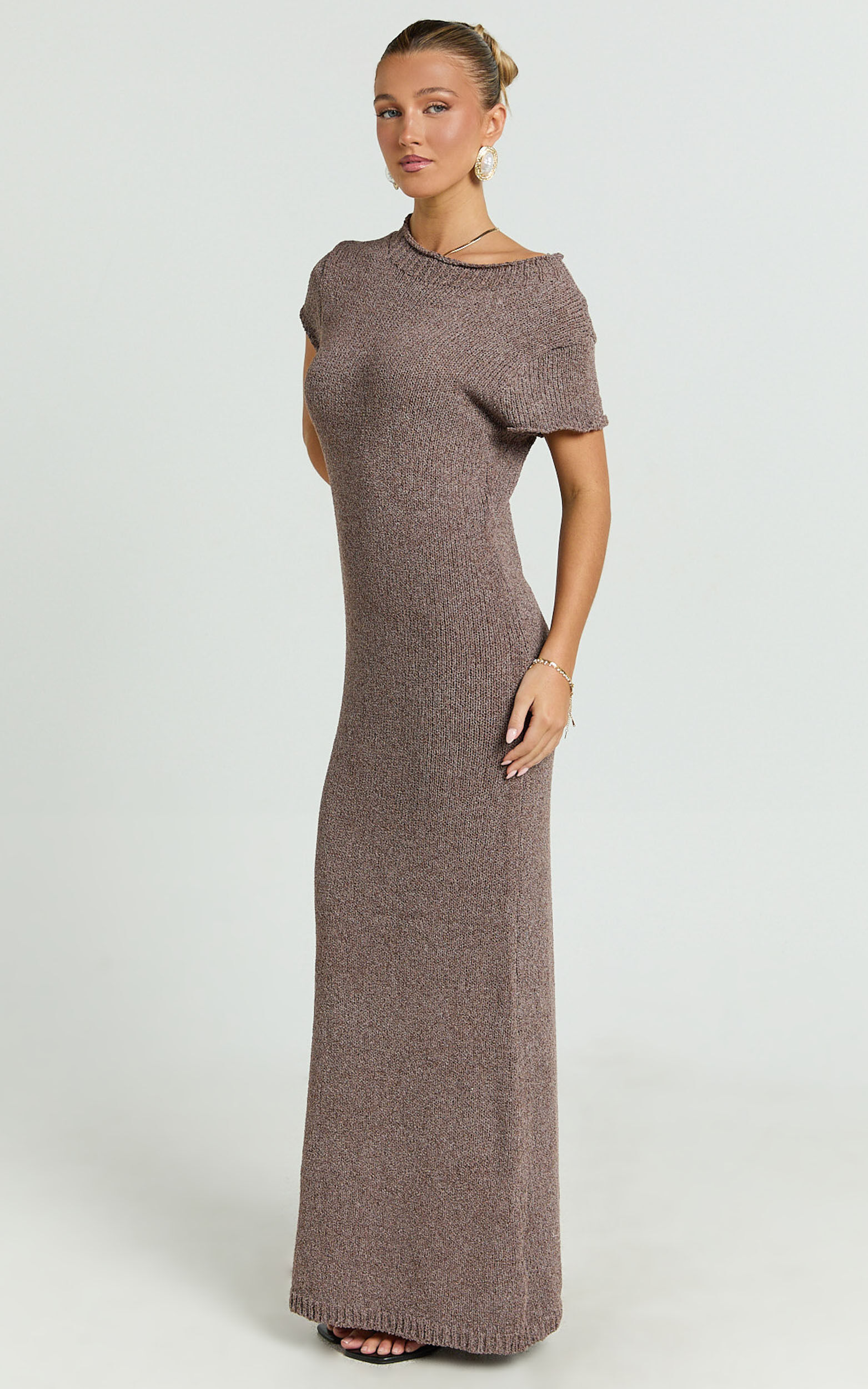 Amber Maxi Dress - Knitted T-Shirt Dress in Brown