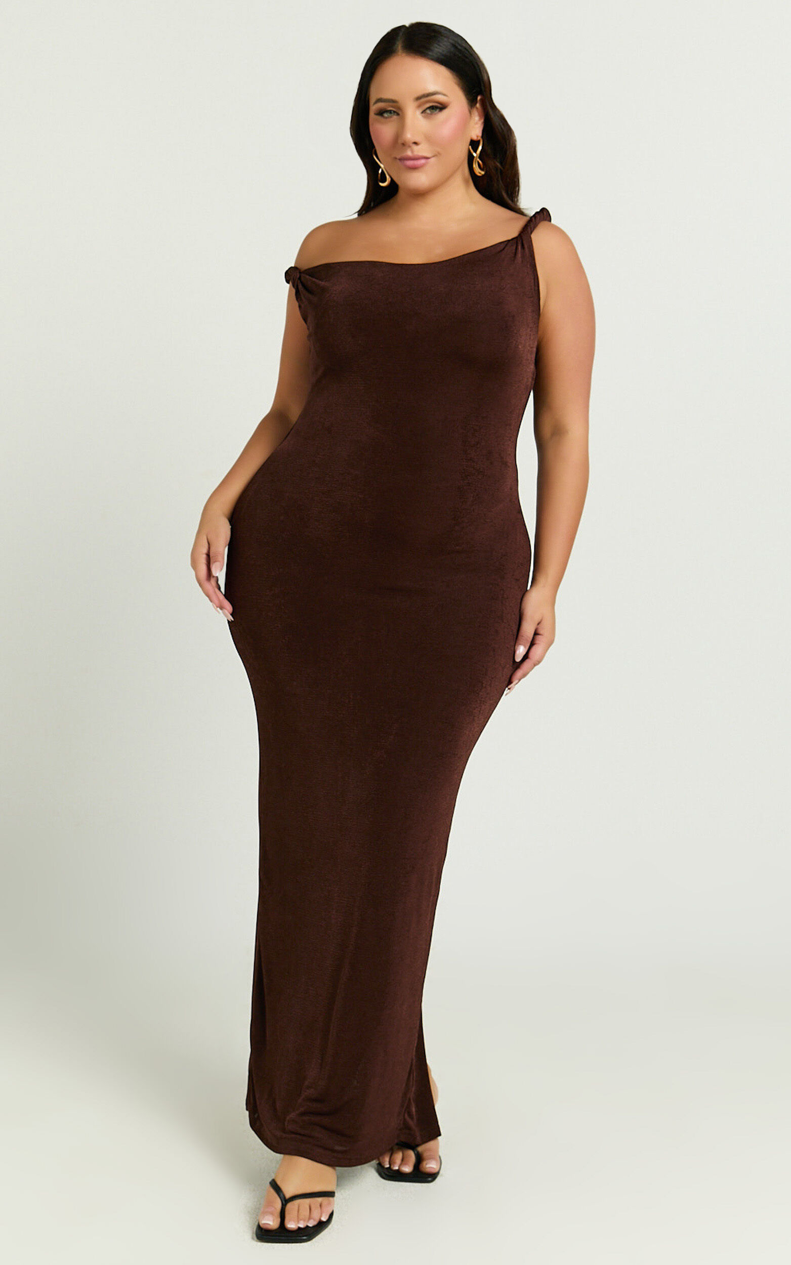 Isabel Midi Dress - Twist Off Shoulder Bodycon Dress in Chocolate