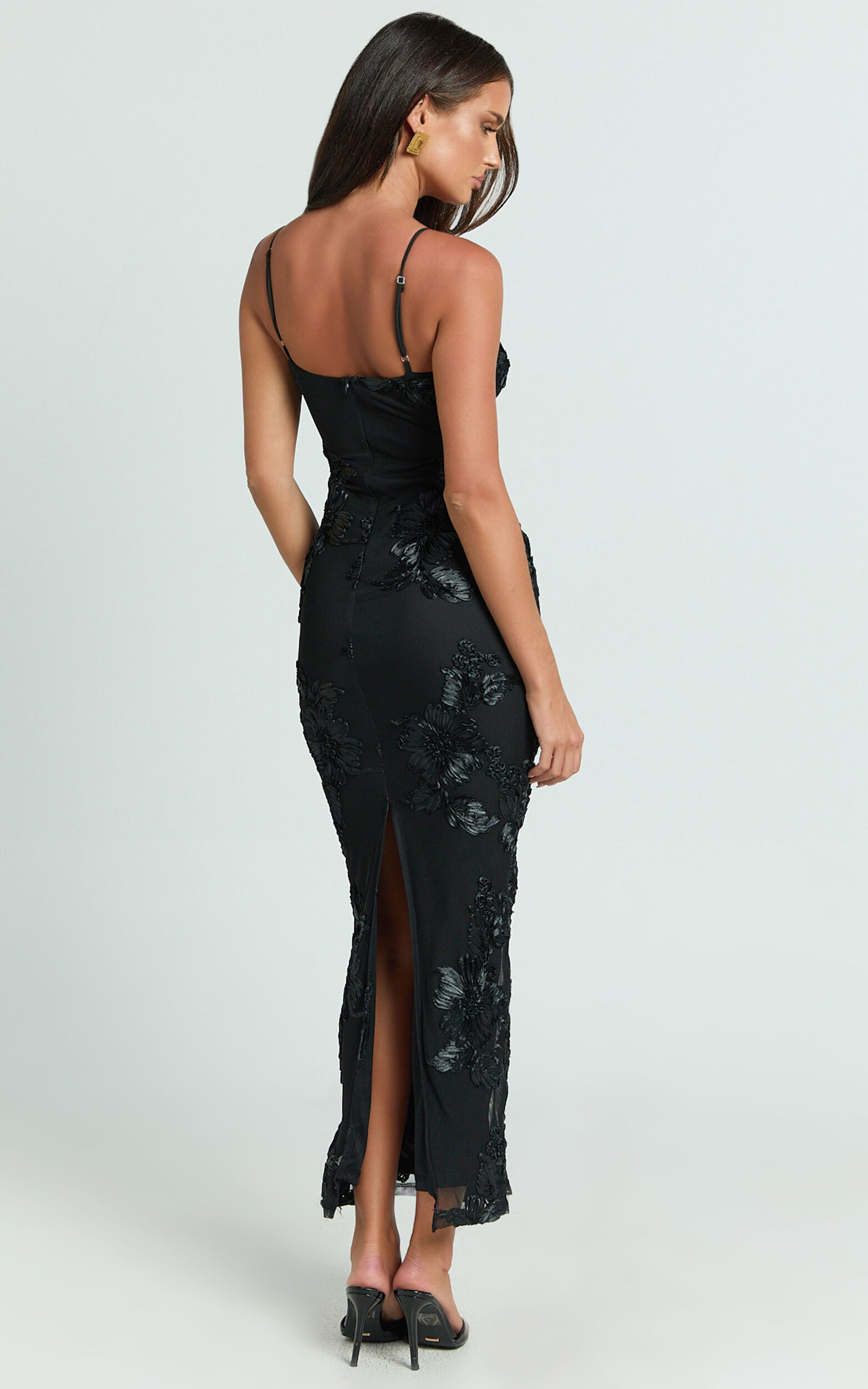 Mina Midi Dress - Embroidered Mesh Dress in Black