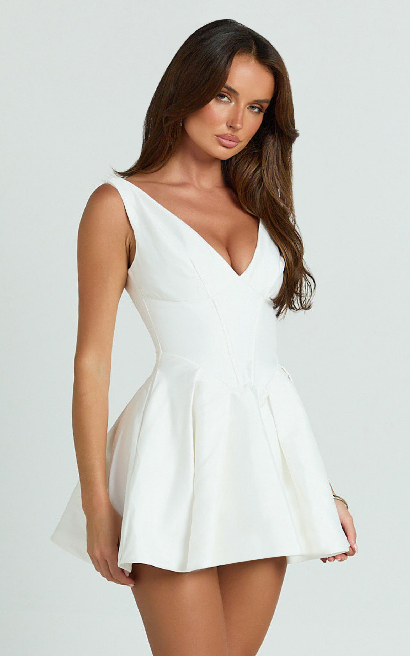Yara Mini Dress - Plunge Corset Front V Waist Fit And Flare Dress in White