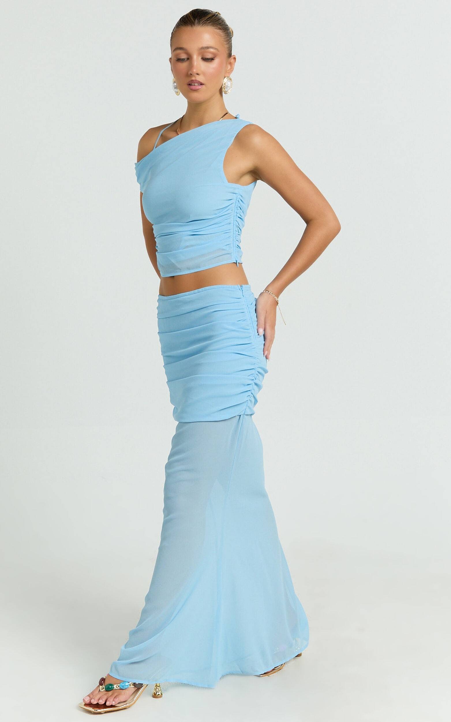 Salma Two Piece Top and Skirt Set - Georgette Asymmetric Top and Fit And Flare Maxi Skirt Set in Sky Blue
