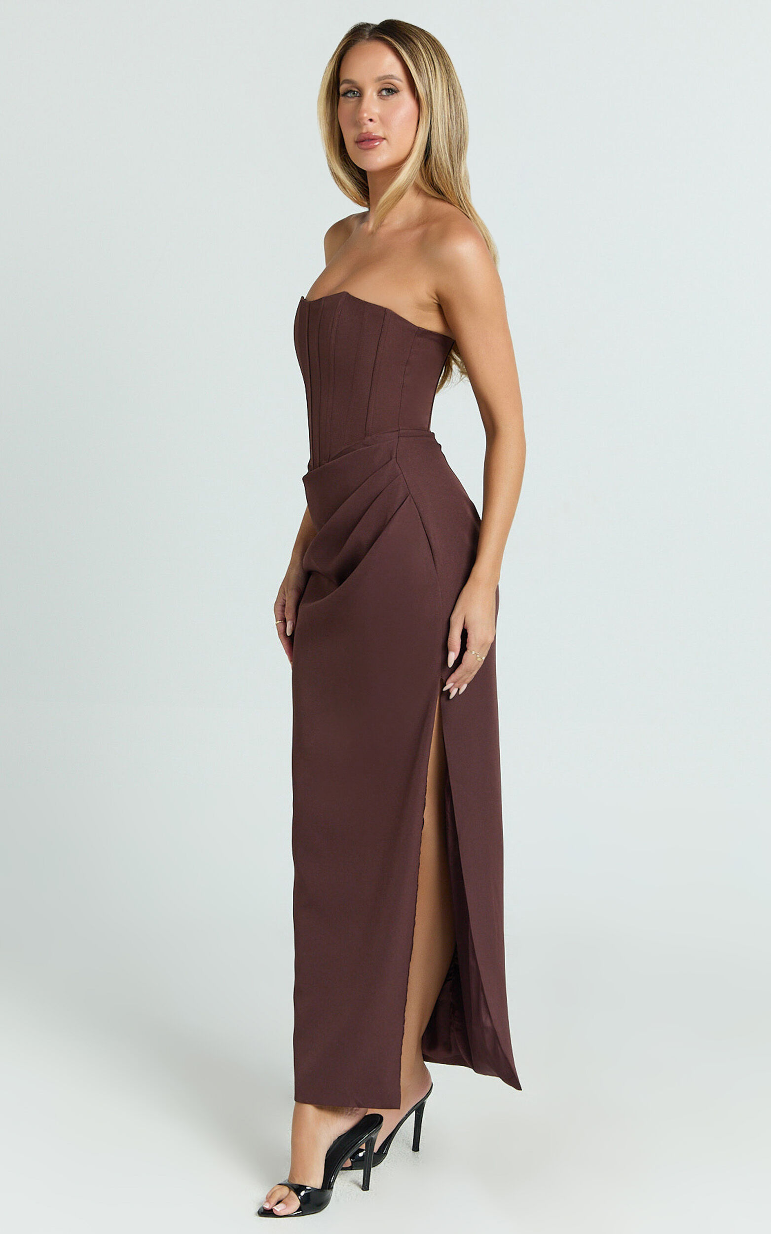 Avery Midi Dress - Strapless Draped Side Split Dress in Chocolate