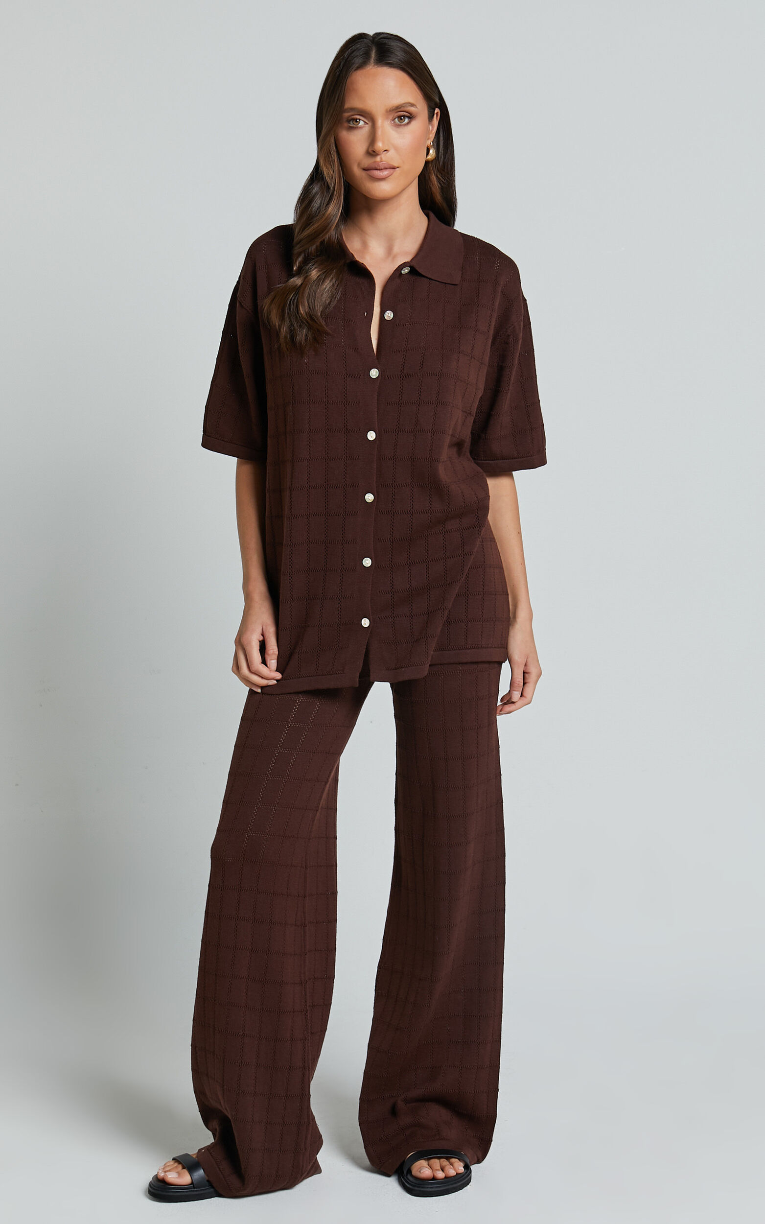 Tommy Two Piece Set - Knit Button Through Top and Pants Two Piece Set in Chocolate