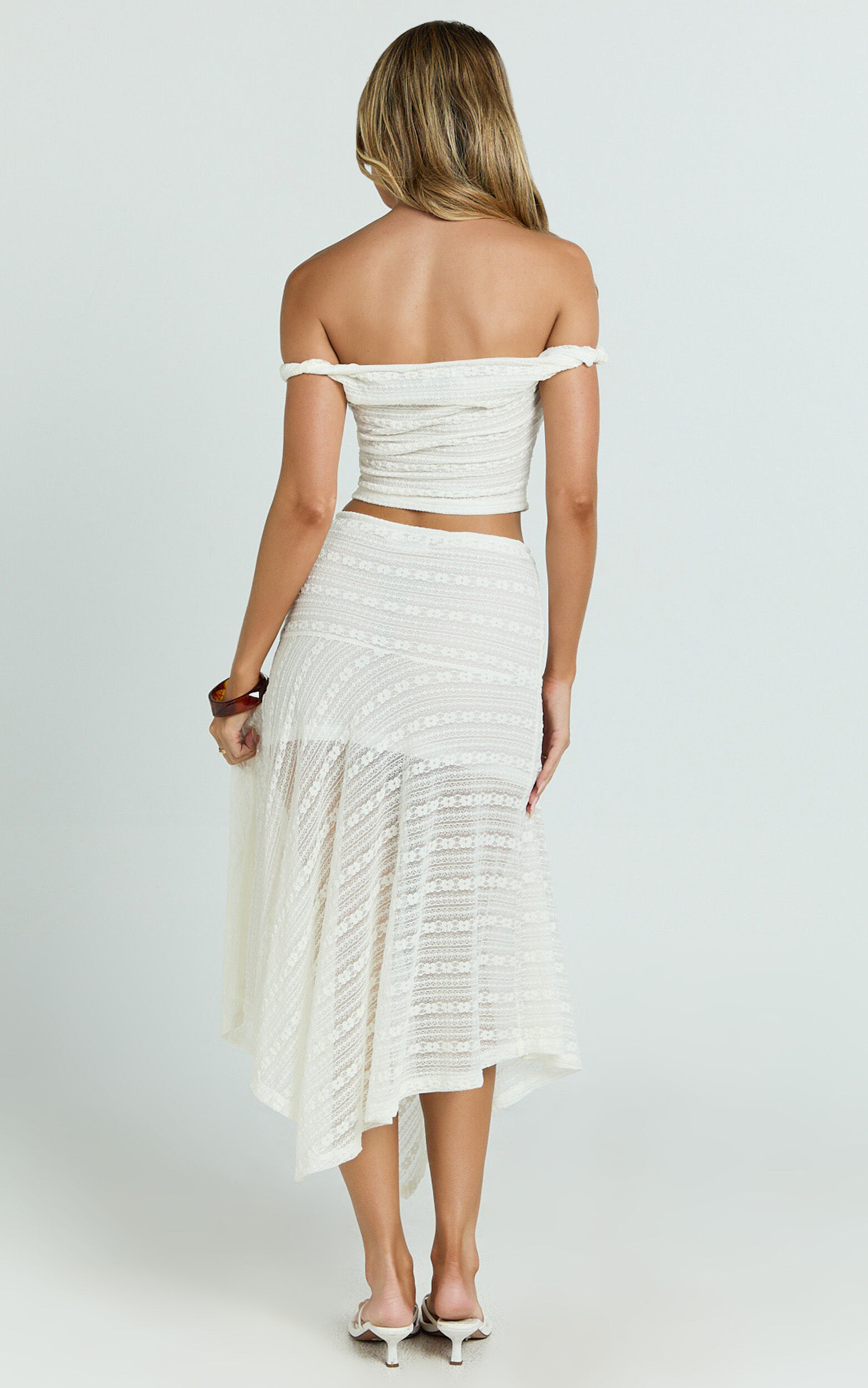 Hayden Top - Twist Off Shoulder Lace Crop Top in White
