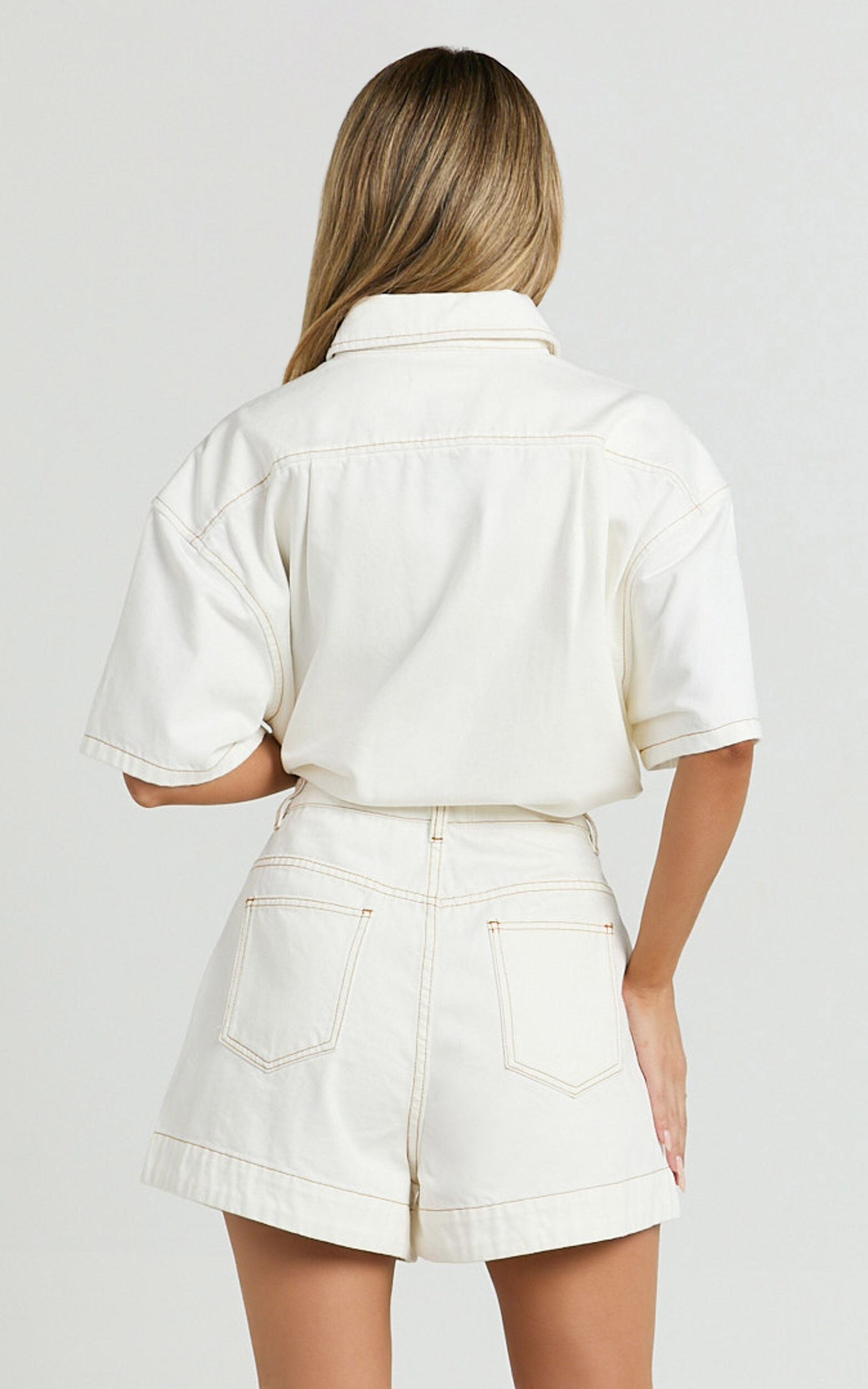 Rhianna Shorts - Mid Waist Recycled Denim Shorts in Ecru with Contrast Tobacco Stitch