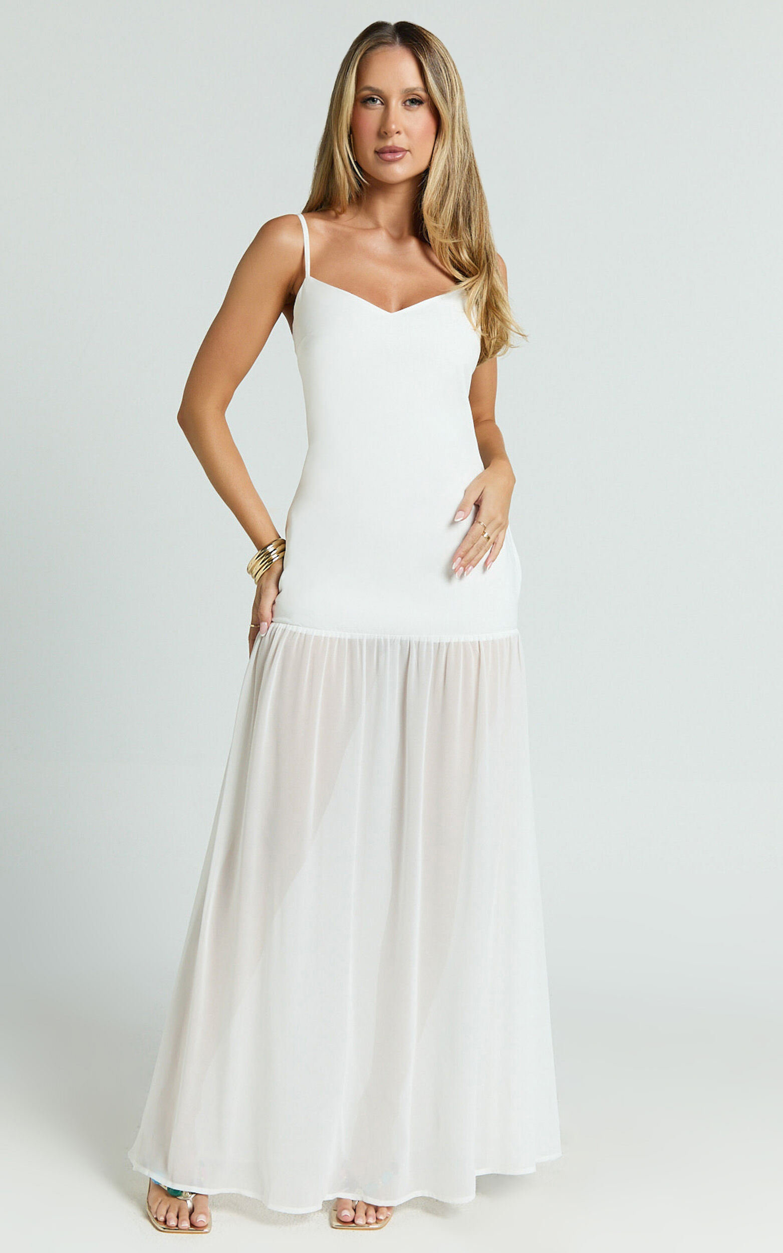 Calvin Maxi Dress - Linen Look Contrast Georgette Skirt with Neck Scarf in White