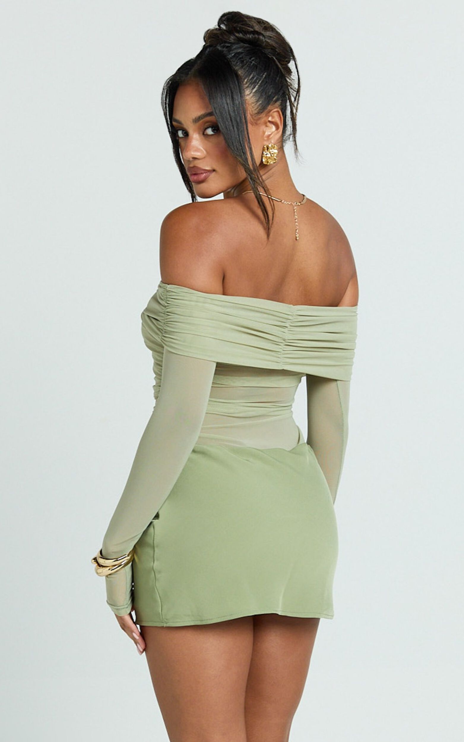 Jade Mini Dress - Long Sleeve Off Shoulder Draped Bias Cut Dress in Sage