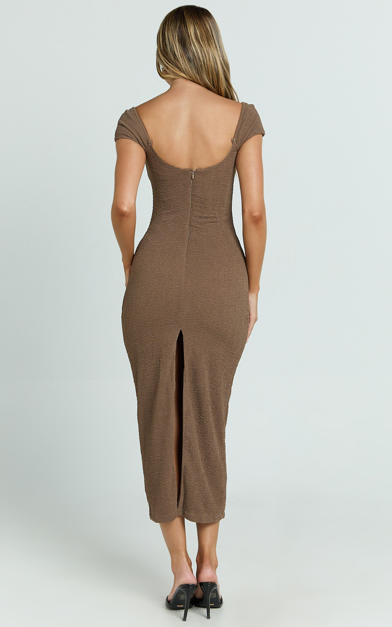 Elia Midi Dress - Cap Sleeve Sweetheart Underwire Fitted Dress in Brown