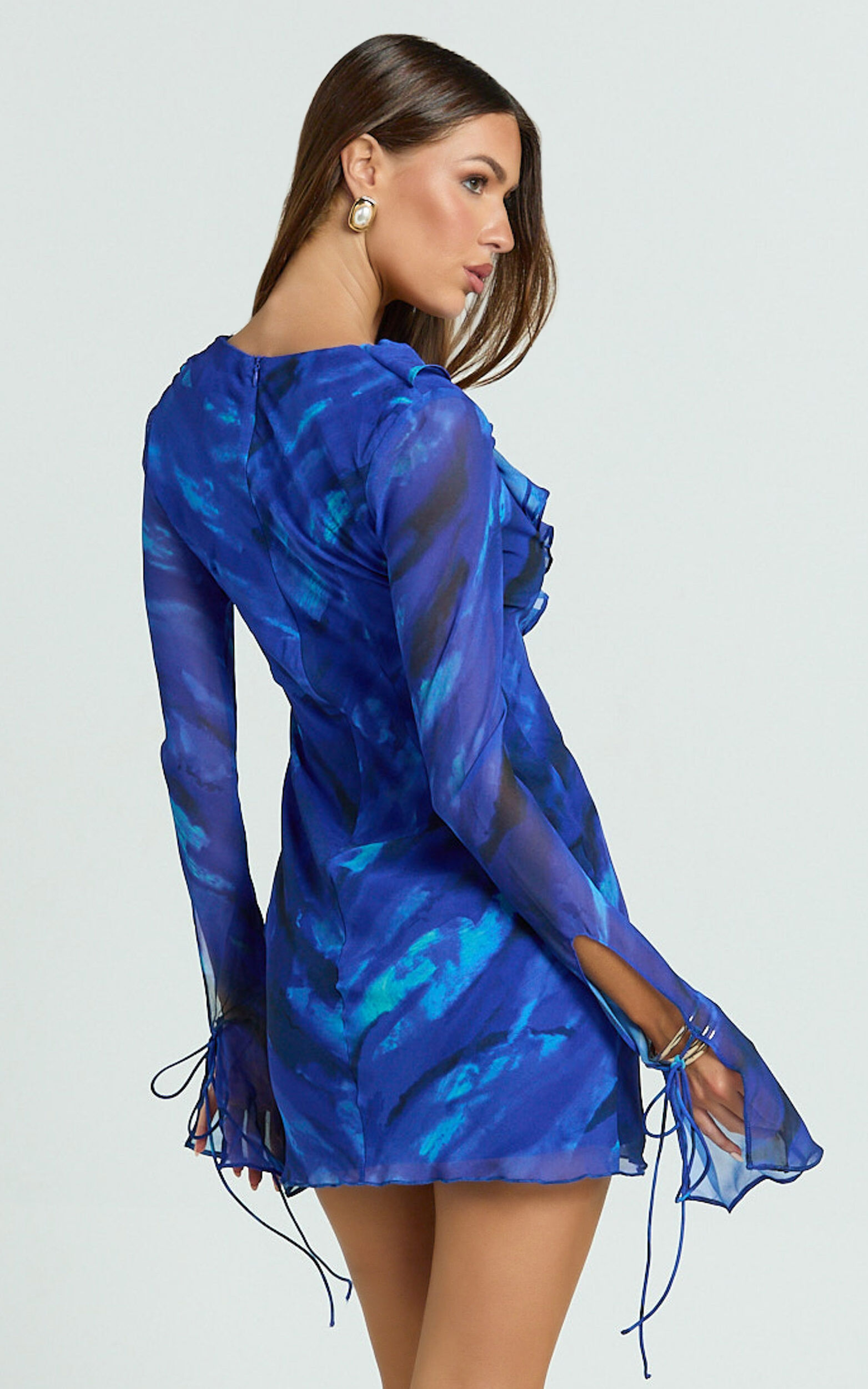 Alesya Mini Dress - Ruffle Plunge Neck Long Sleeve Tie Detail Dress in Blue Abstract