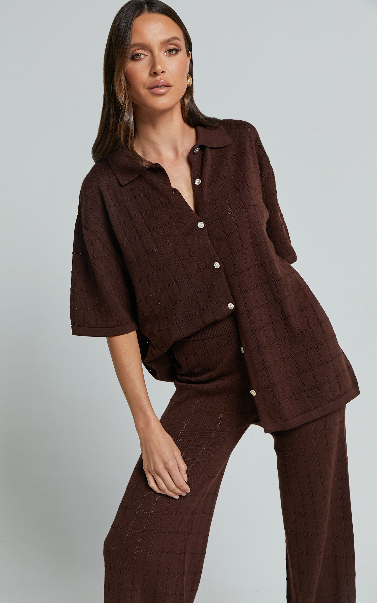 Tommy Two Piece Set - Knit Button Through Top and Pants Two Piece Set in Chocolate
