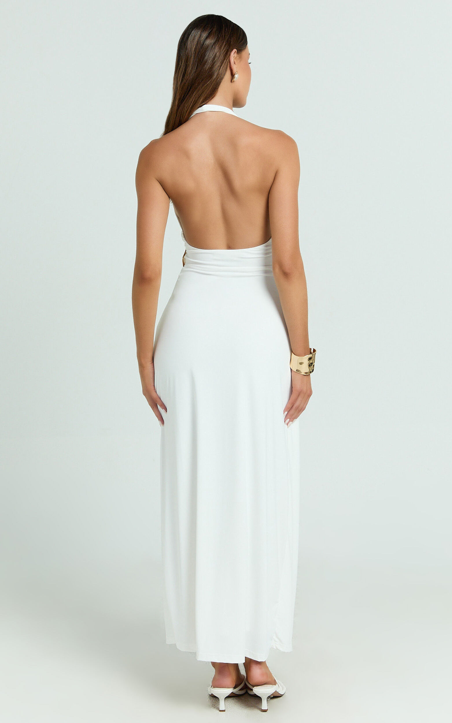 Roseville Maxi Dress - Wrap Front Halter Dress with Hardware Detail in White
