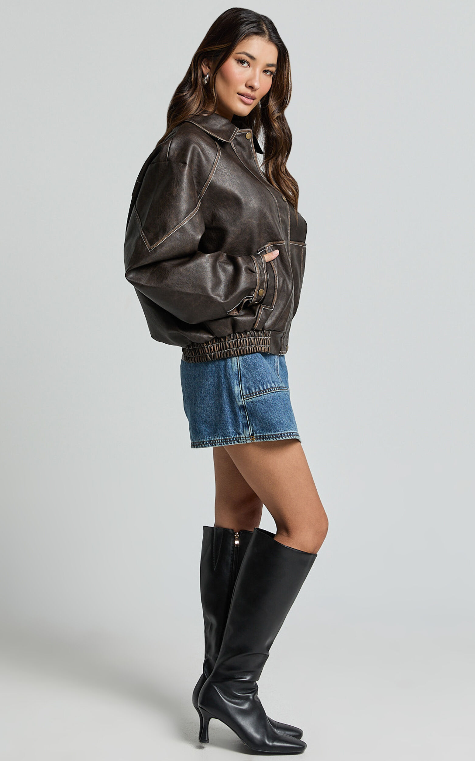 Gail Jacket - Faux Leather Bomber Jacket in Washed Brown