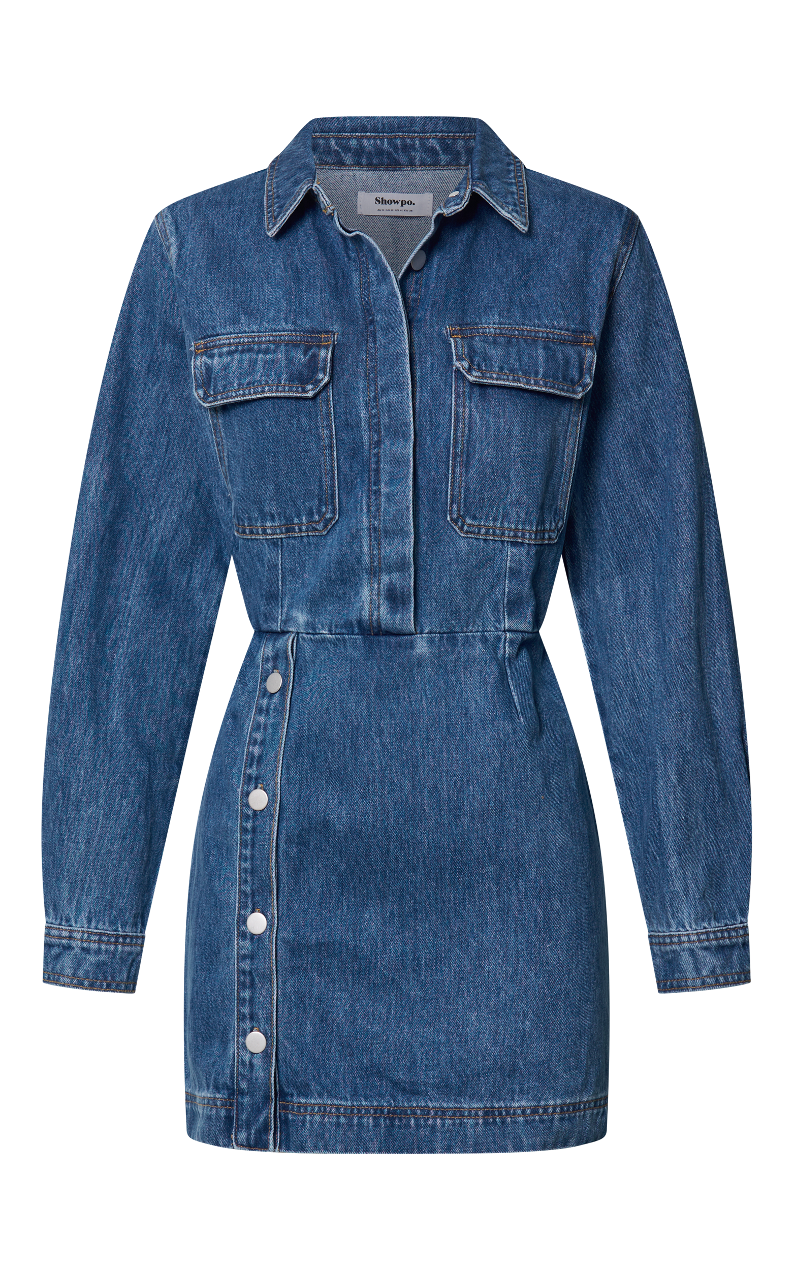 Ainsley Mini Dress - Button Through Long Sleeve Denim Dress in Mid Blue Wash
