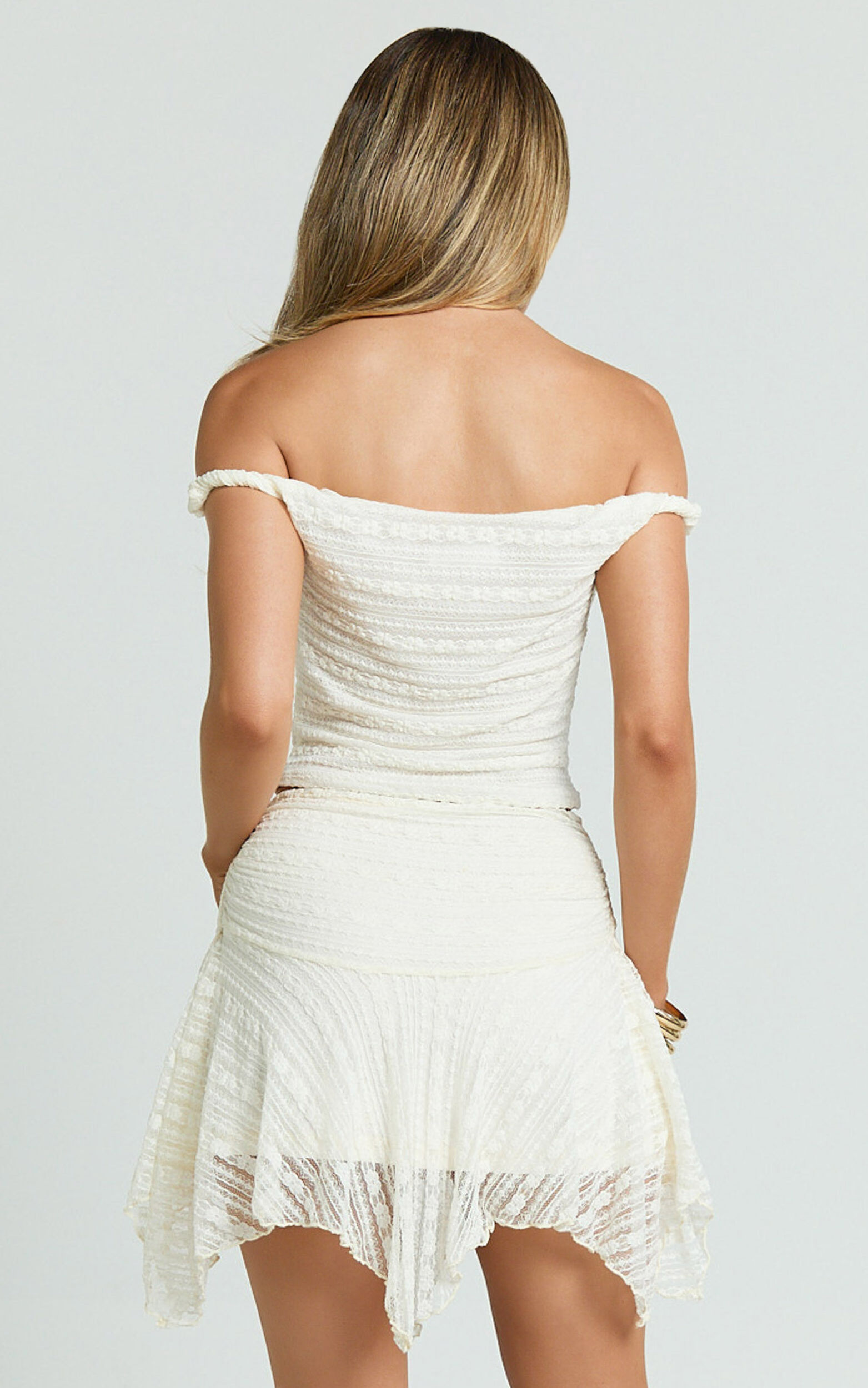 Sarah Mini Skirt - Lace Asymmetric Low Waist Skirt in Off White