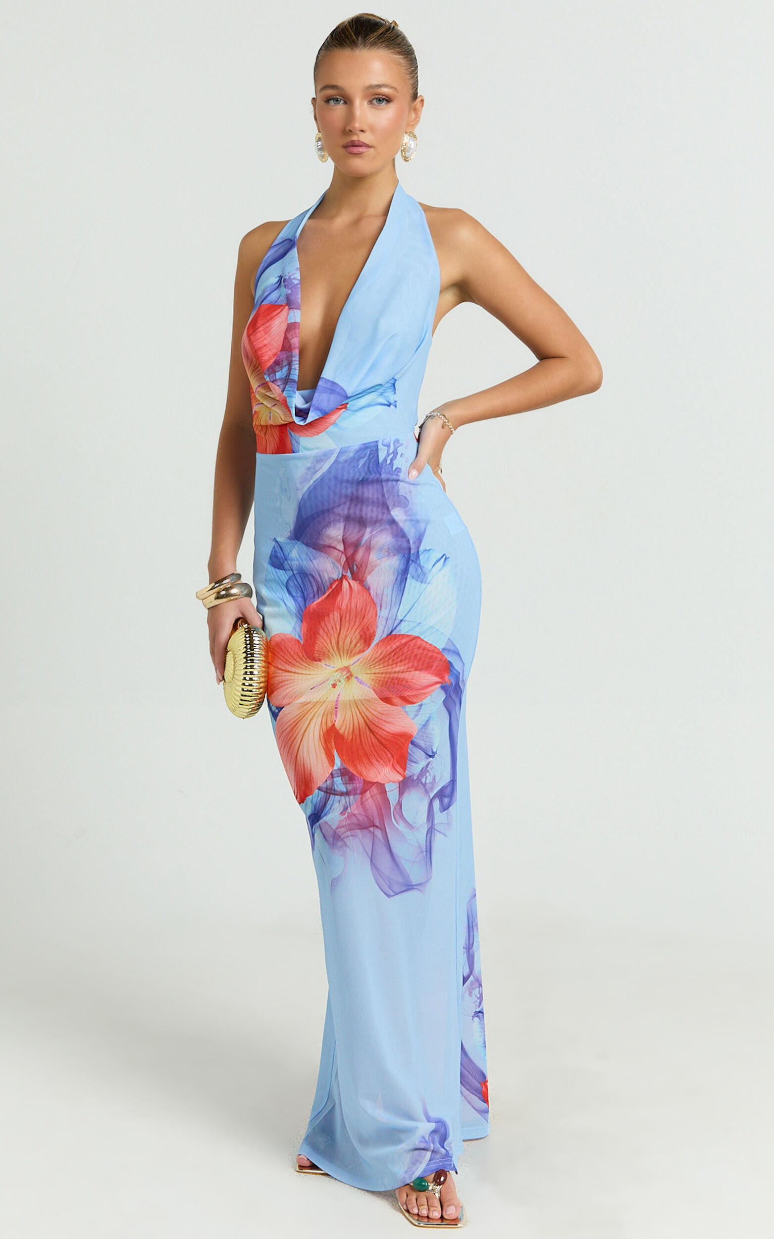 Larissa Maxi Dress - Mesh Low Cowl Halter Neck Bodycon Dress in Electric Orchid