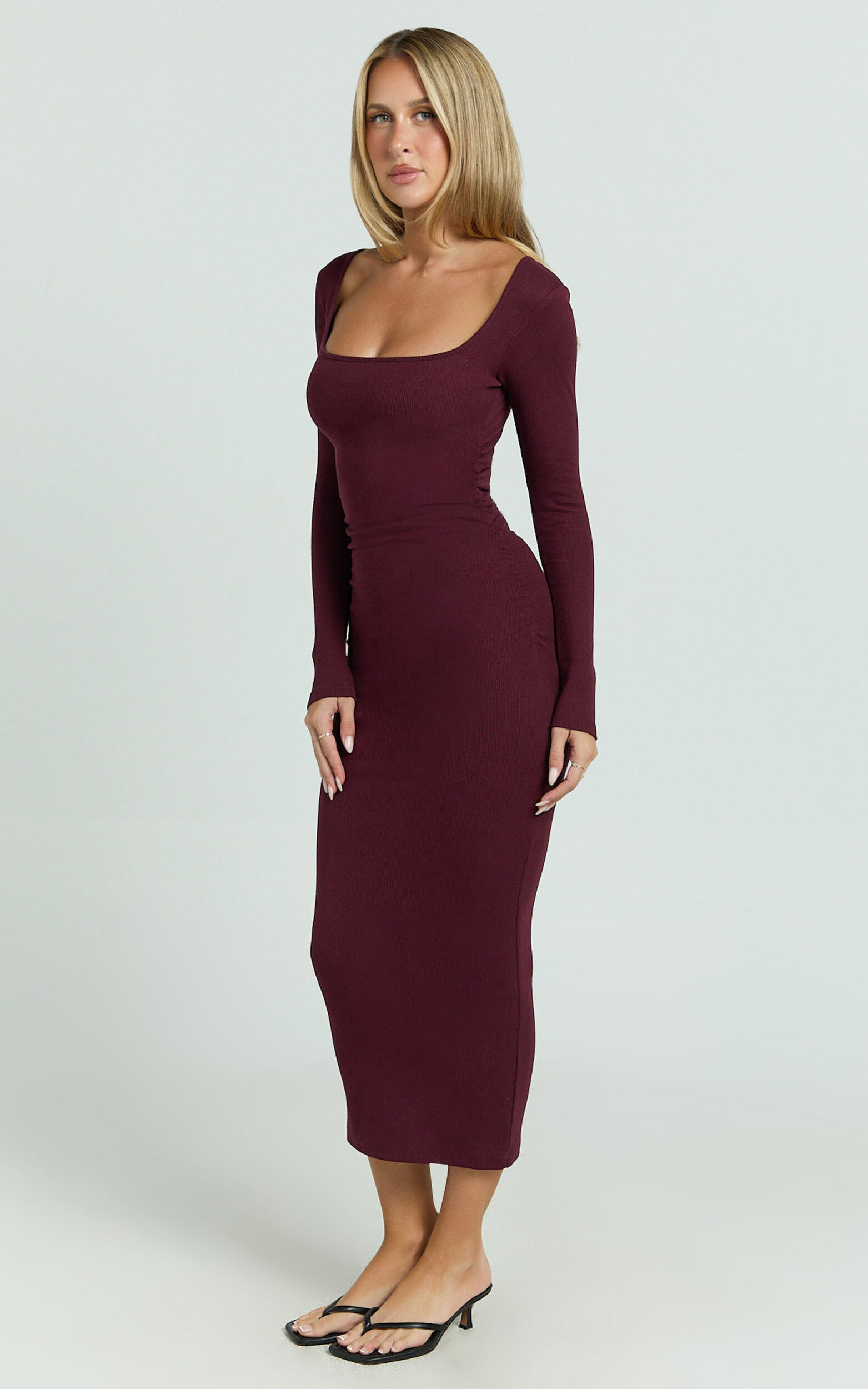 Lucy Midi Dress - Ribbed Side Ruched Bodycon Dress in Wine